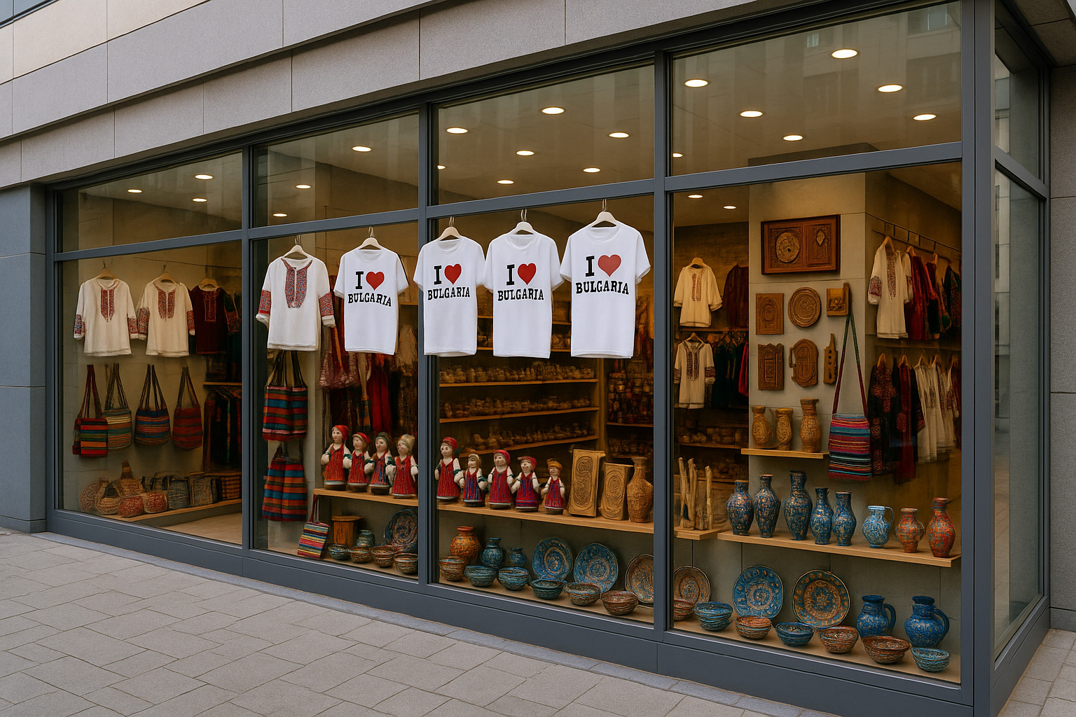 Souvenirgeschäft in Blagoewgrad in modernem Gebäude mit Glasfassade, T-Shirts 