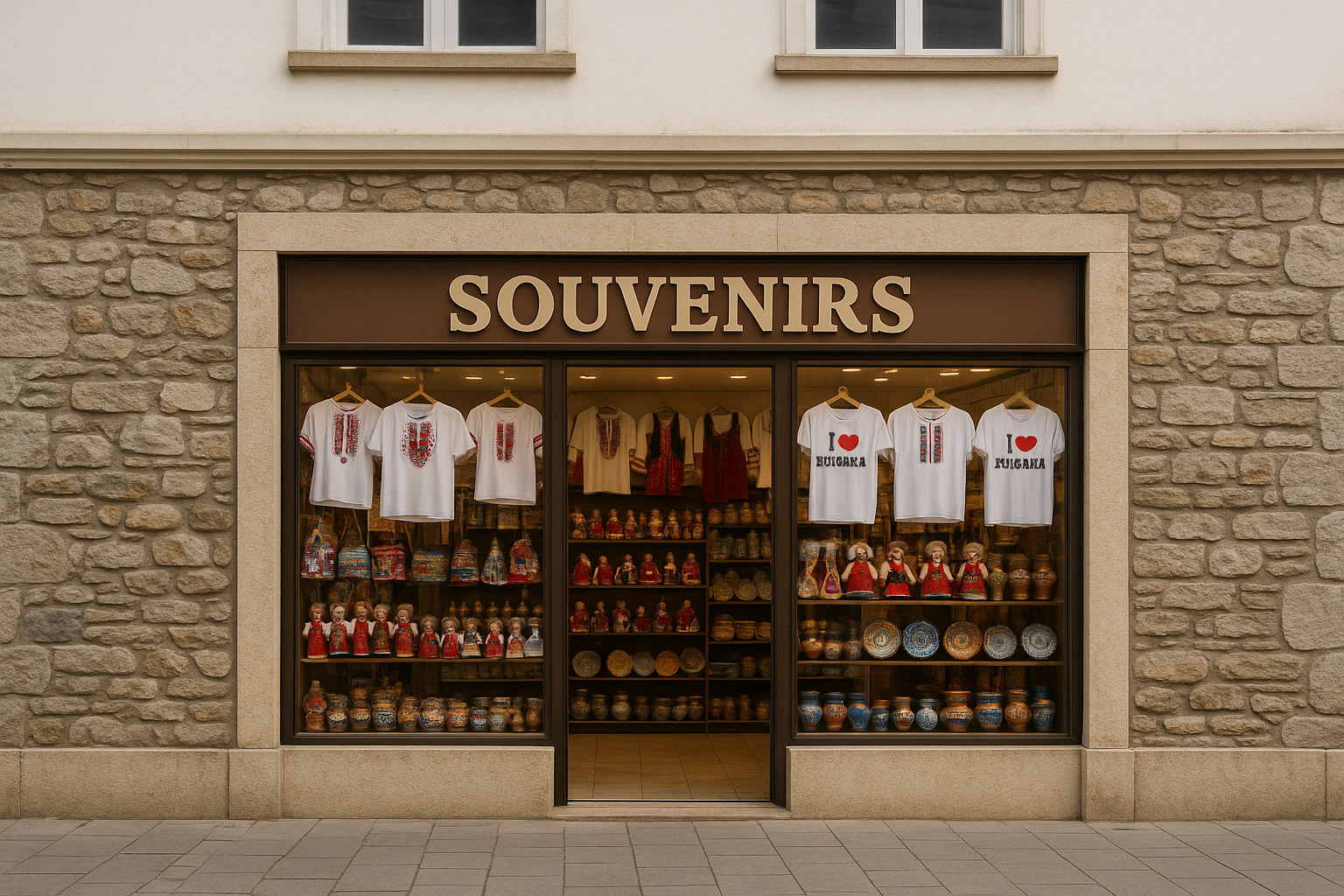 Souvenirgeschäft in Burgas mit grober Stein-Fassade im Erdgeschoss und weißem Putz im Obergeschoss, T-Shirts 