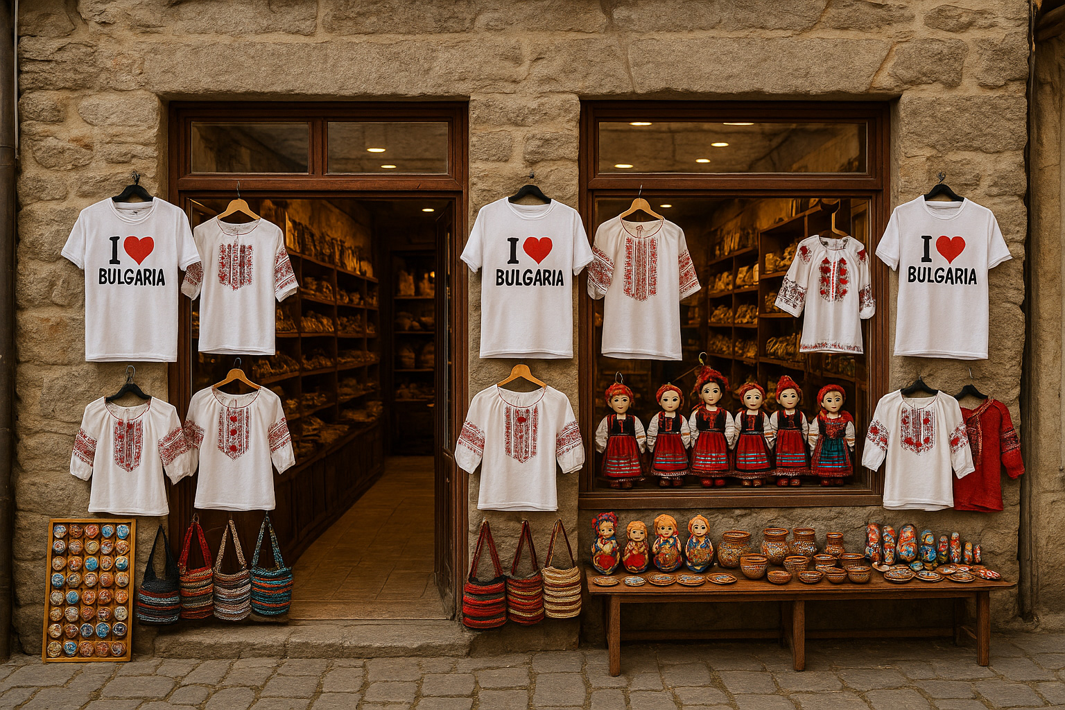 Souvenirgeschäft in der Altstadt von Chaskowo mit grober Stein-Fassade, T-Shirts 
