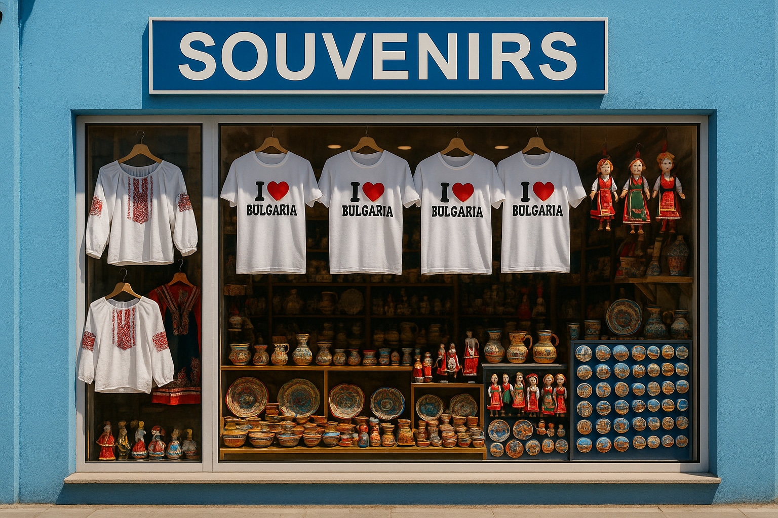 Souvenirgeschäft in Elchowo mit blauer Putz-Fassade, T-Shirts 