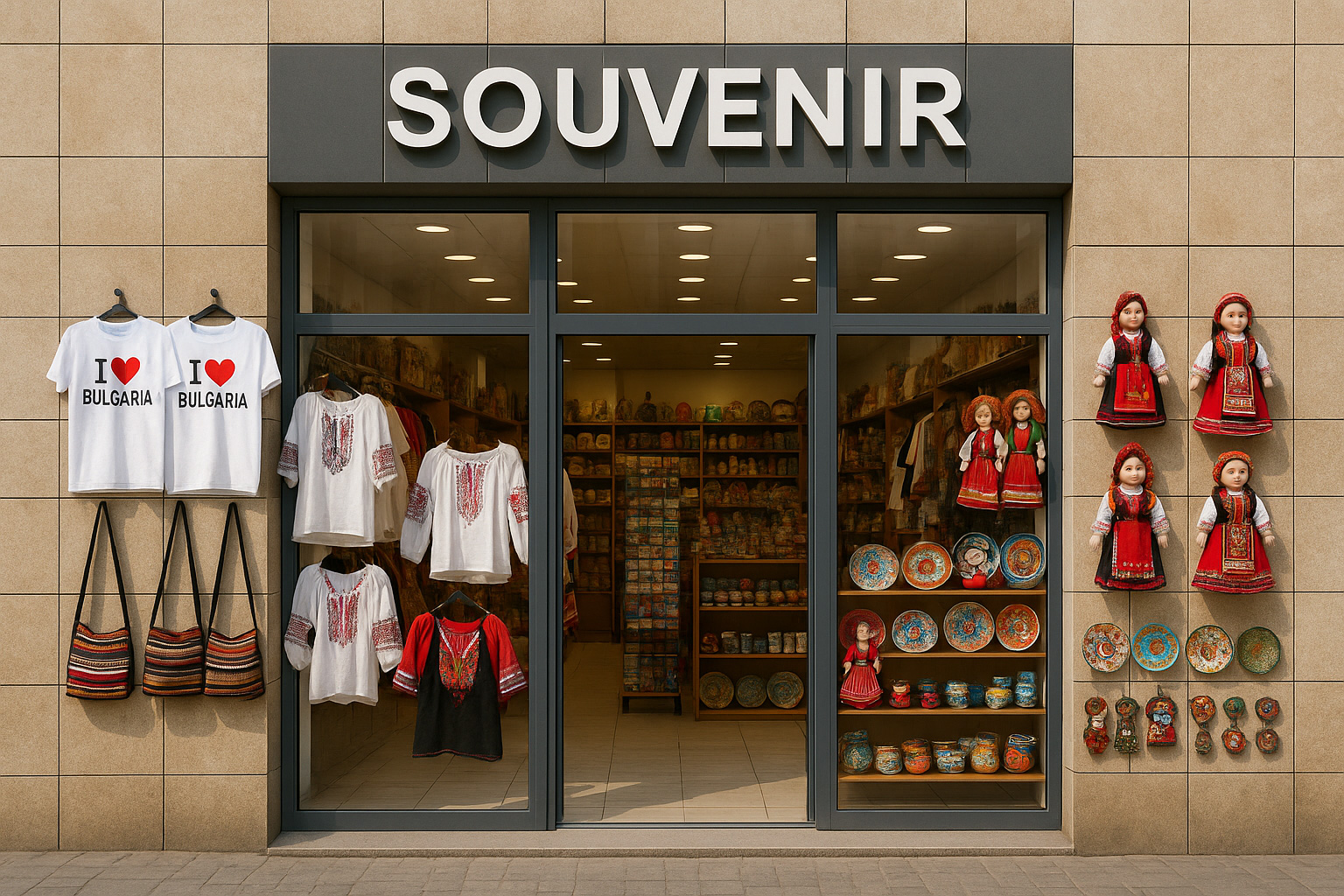 Souvenirgeschäft in Kardschali in modernem Gebäude mit Keramikkachelfassade, T-Shirts 