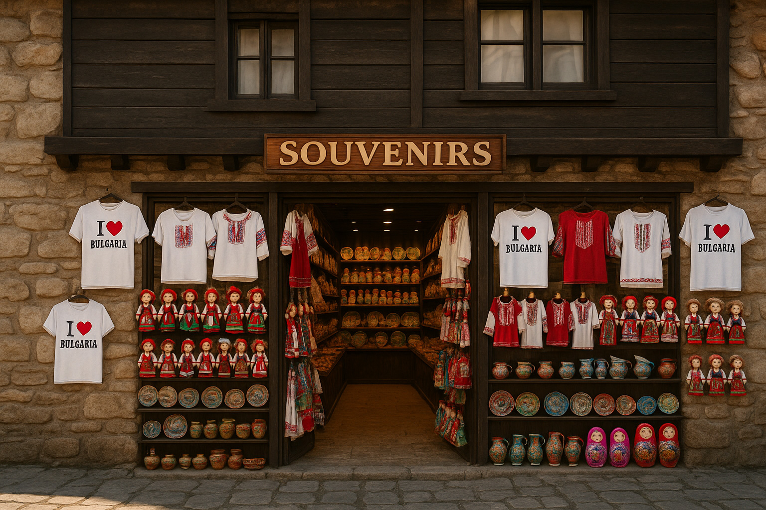 Souvenirgeschäft in Nessebar mit grober Stein-Fassade im Erdgeschoss und dunklem Holz im Obergeschoss, T-Shirts 