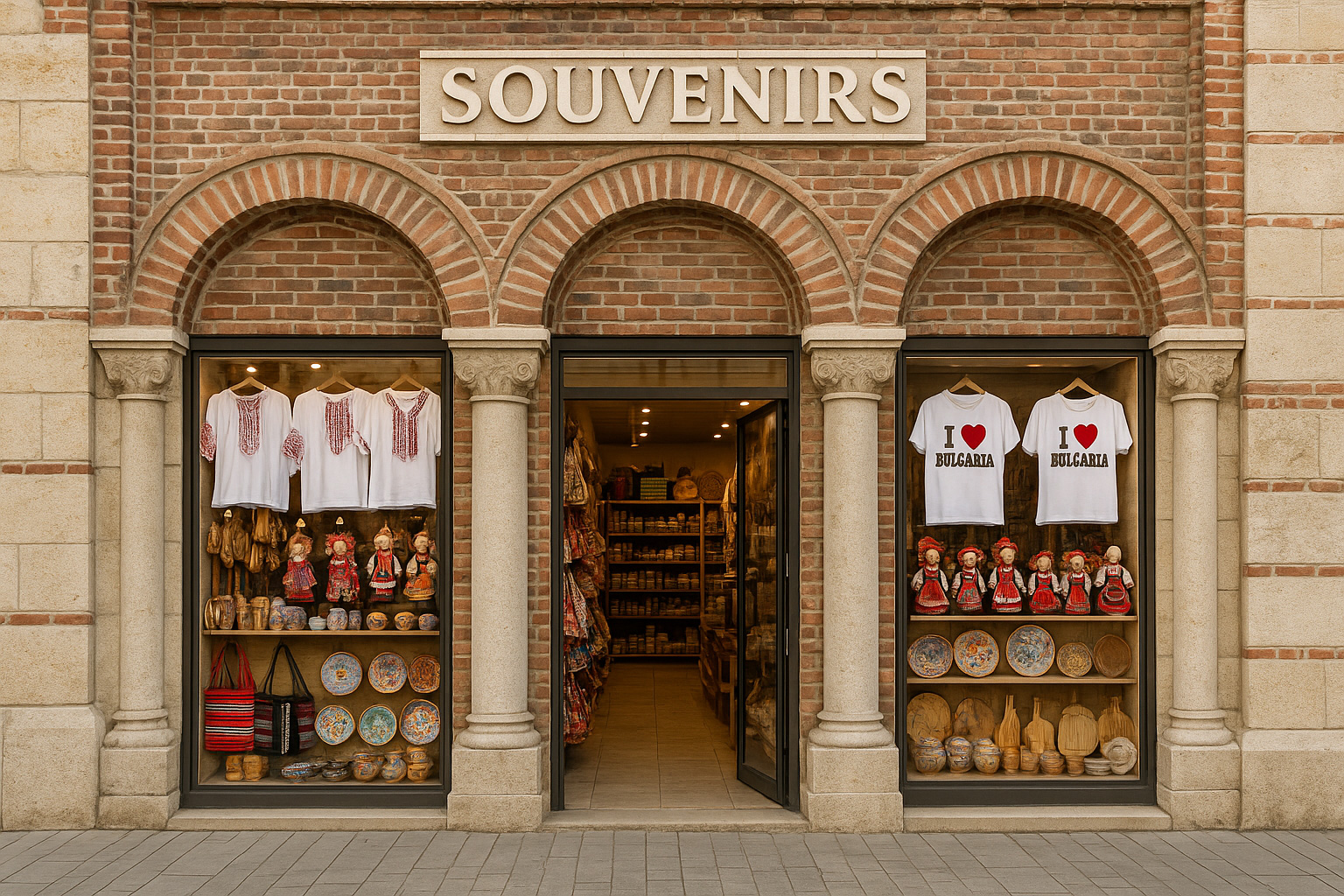 Souvenirgeschäft in Rasgrad mit byzantinischer Fassade aus Ziegelmauerwerk und Rundbögen, T-Shirts 