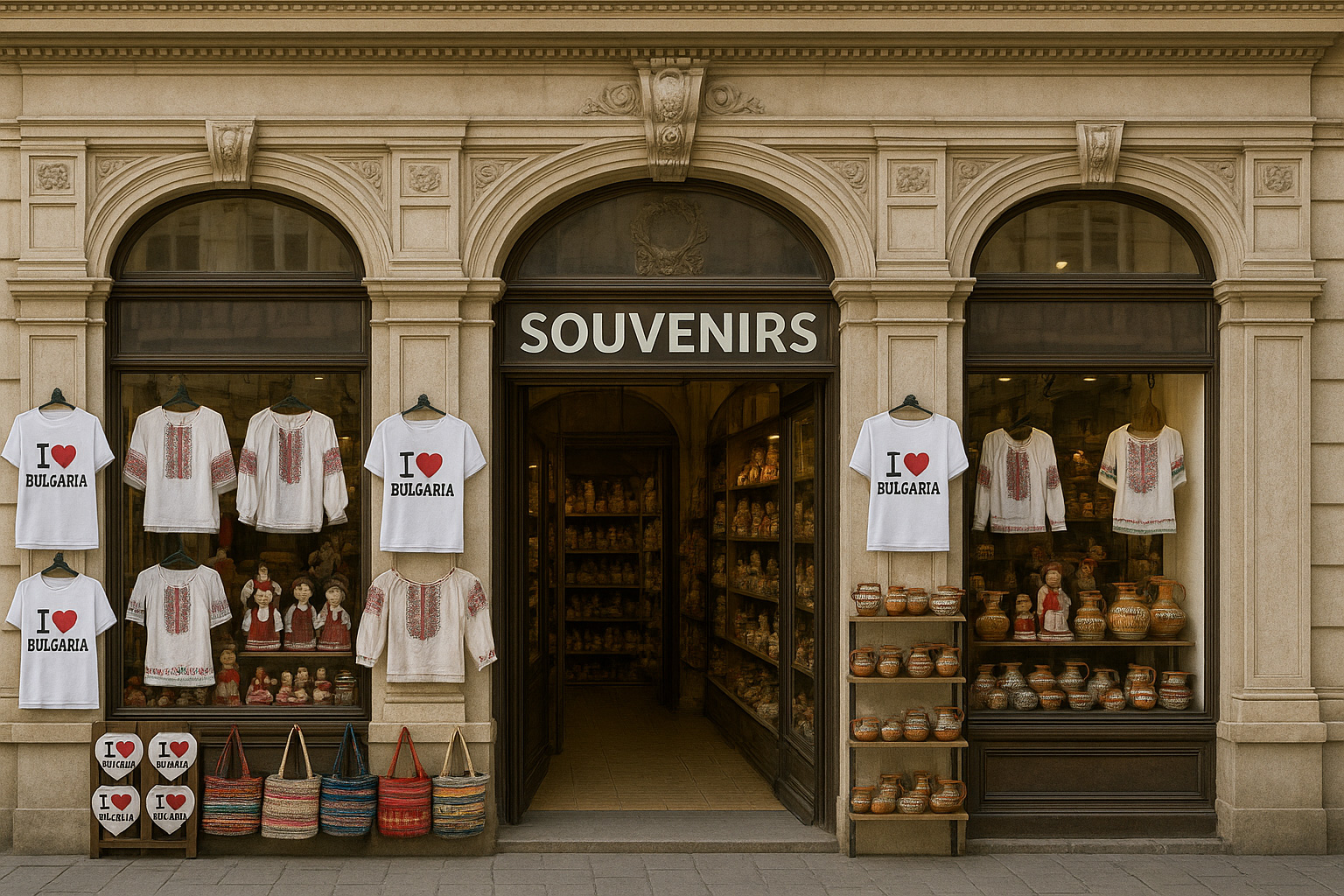 Breites Souvenirgeschäft in Ruse mit Renaissance-Fassade, zwei Schaufenstern, T-Shirts 