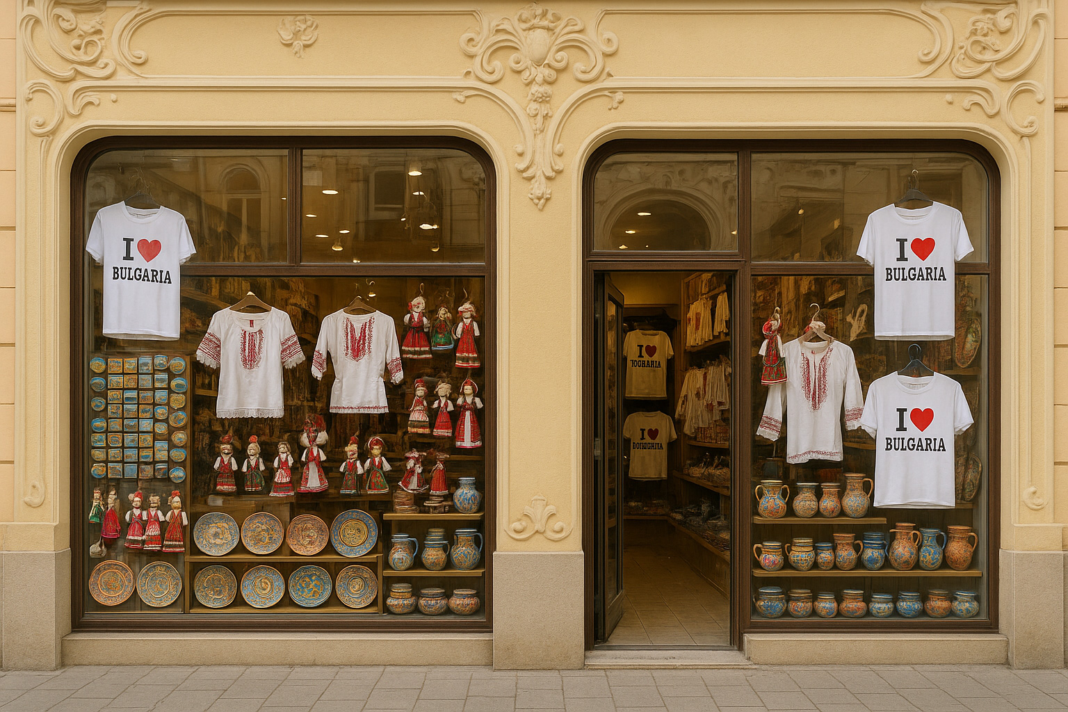 Souvenirgeschäft in Schumen mit Jugendstil-Fassade, großen Schaufenstern, T-Shirts 