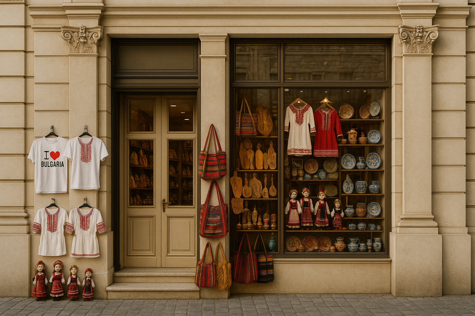 Souvenirgeschäft in Sofia in einem neoklassischen Gebäude mit T-Shirts 