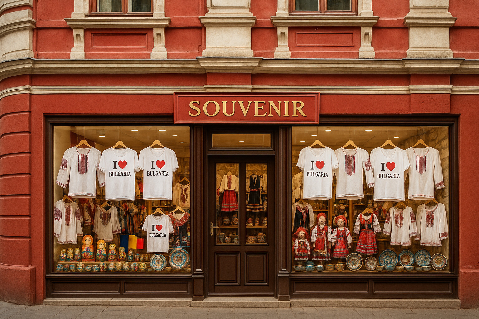 Souvenirgeschäft in Warna mit roter Renaissance-Fassade, T-Shirts 