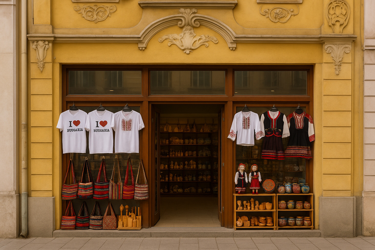 Souvenirgeschäft in Widin in einem Jugendstil-Gebäude mit T-Shirts 
