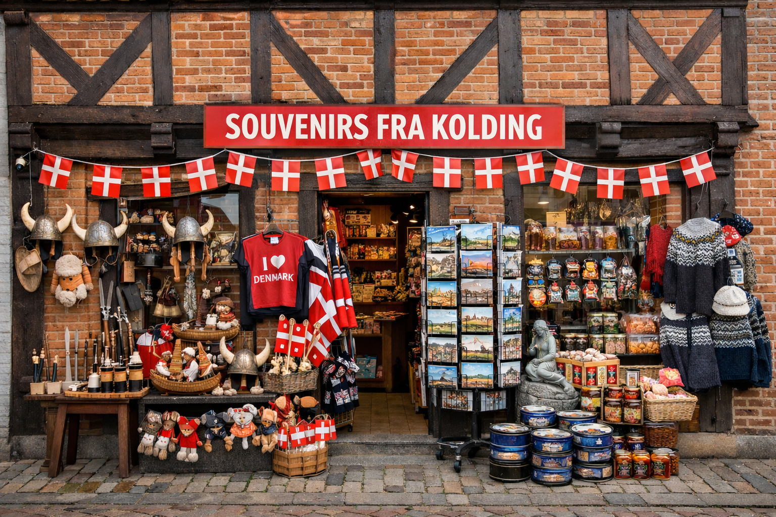Außenansicht eines Souvenirgeschäfts in einem Fachwerkhaus mit rotem Backstein, über dem Eingang ein Schild mit der Aufschrift Souvenirs fra Kolding, davor Auslagen mit Wikingerhelmen, Postkartenständer, dänischen Strickwaren, Butterkeksdosen und kleinen Mitbringseln am Kopfsteinpflaster.