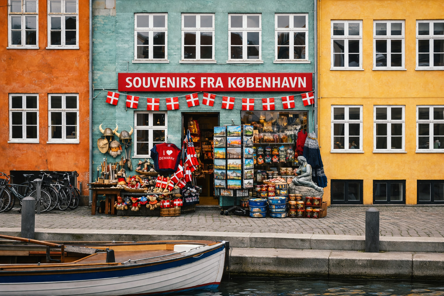 Seitenansicht eines Souvenirgeschäfts am Nyhavn-Kanal in Kopenhagen, mittleres Haus mit türkisem Putz und weißen Fensterrahmen, links ein Haus mit orangem Putz und rechts ein Haus mit gelbem Putz, über dem Eingang ein rotes Schild Souvenirs fra København, darunter Wimpelgirlanden, davor Auslagen mit dänischen Souvenirs wie Wikingerhelmen, Postkartenständer, Strickwaren, Butterkeksdosen und kleinen Mitbringseln an einer breiten Uferpromenade direkt am Wasser mit einem Holzboot im Kanal.