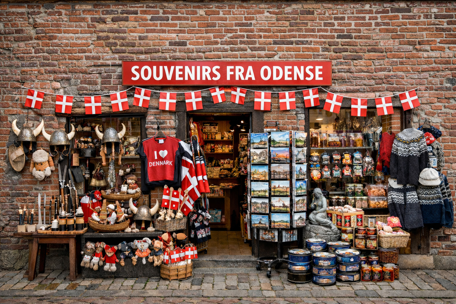 Außenansicht eines Souvenirgeschäfts in der Altstadt von Odense mit grober alter Backsteinfassade, über dem Eingang ein rotes Schild Souvenirs fra Odense, davor Auslagen mit Wikingerhelmen, Postkartenständer, dänischen Strickpullovern, Butterkeksdosen, Lakritz und kleinen Mitbringseln am Kopfsteinpflaster.