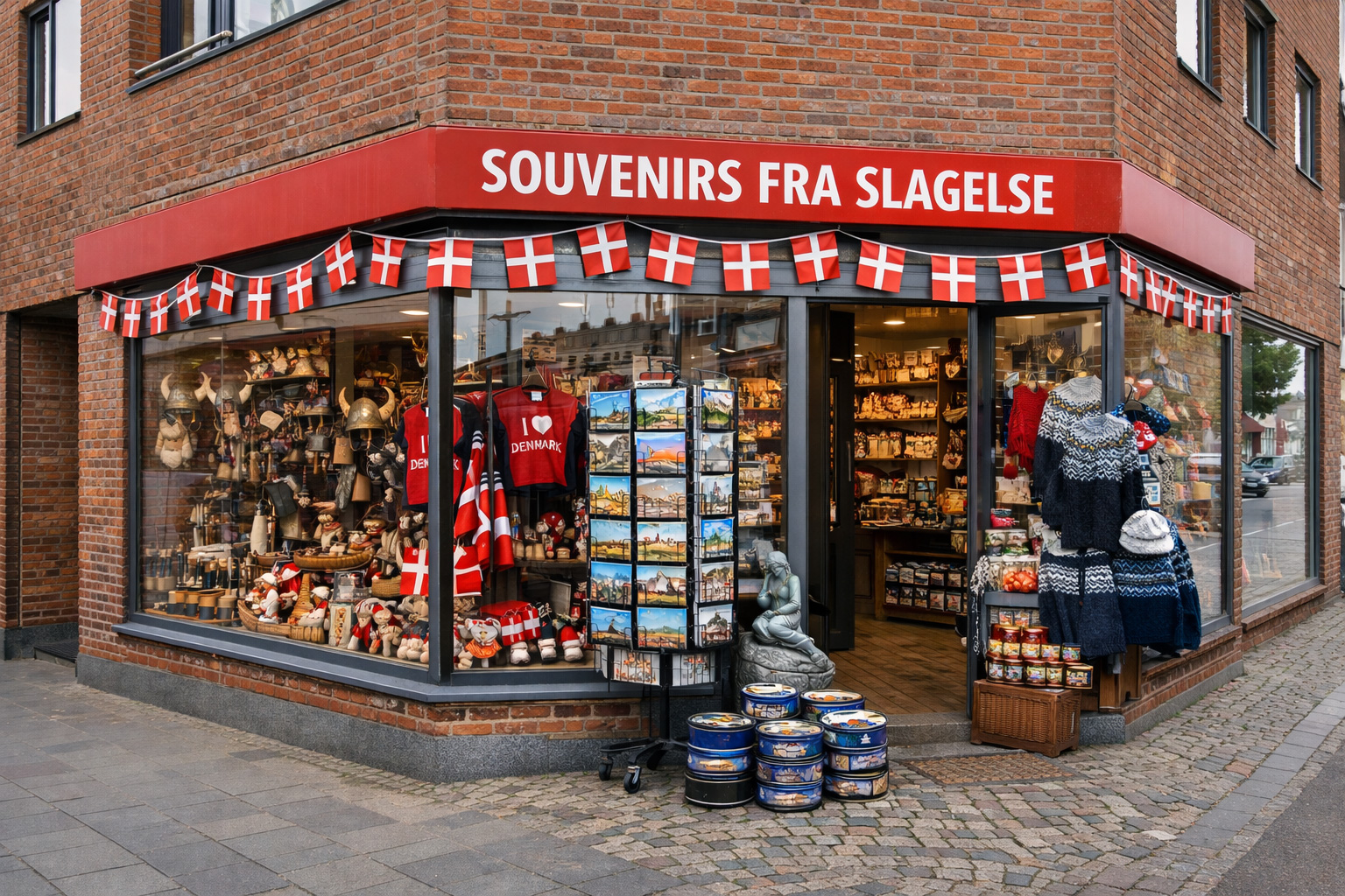 Außenansicht eines modernen Backstein-Eckgeschäfts in Slagelse mit großem Schaufenster, über dem Eingang ein rotes Schild Souvenirs fra Slagelse, im Fenster dänische Souvenirs wie Wikingerhelme, Postkarten, Strickwaren, Butterkeksdosen und kleine Mitbringsel, davor ein Postkartenständer an der Gehwegkante.