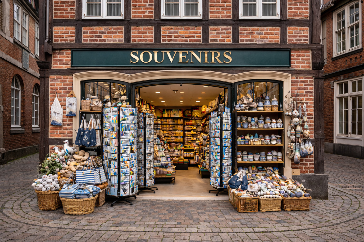 Außenansicht eines Souvenirgeschäfts in der Altstadt von Bremen in einem Fachwerkhaus mit Backsteinausfachung, breitem offenen Eingang und Auslagen mit norddeutsch-maritimem Sortiment wie Leuchtturm- und Ankerdekoration, Tauwerk-Schlüsselanhängern, Holzboot-Miniaturen, Keramikbechern mit Küstenmotiven, Postkarten sowie Taschen und Textilien in navy-weiß