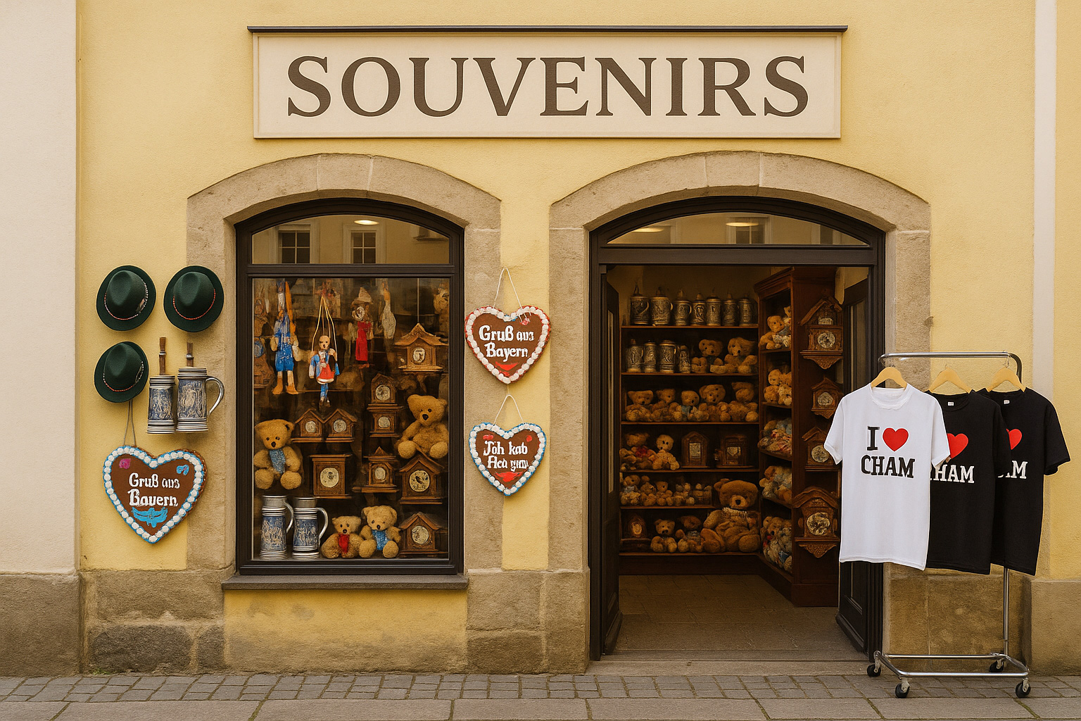 Souvenirgeschäft in der Altstadt von Cham, Deutschland, mit bayerischen Andenken wie Bierkrügen, Trachtenhüten, Lebkuchenherzen, Kuckucksuhren, Teddybären sowie T-Shirts mit „I ♥ Cham“ vor historischem Altstadthaus.