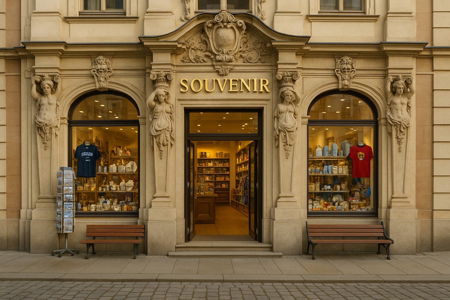 Souvenirgeschäft in der Altstadt von Dresden, Deutschland, in einem barocken Bauwerk mit reich verzierter Fassade, großen Schaufenstern, Postkartenständer, Sitzbänken sowie typischen Andenken.