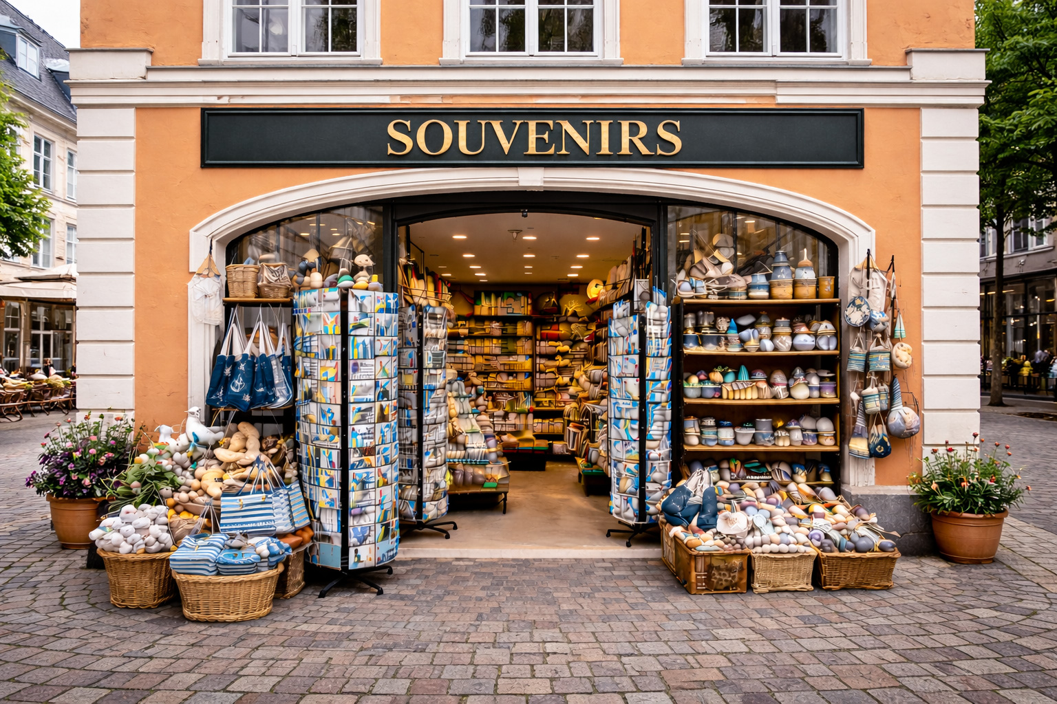 Außenansicht eines Souvenirgeschäfts in Flensburg in Biedermeierarchitektur mit orangener Putzfassade und großen weiß gerahmten Fenstern, breitem offenen Eingang und Auslagen mit norddeutsch-maritimem Sortiment wie Anker- und Leuchtturmdekoration, Tauwerk-Schlüsselanhängern, Holzboot-Miniaturen, Keramikbechern mit Küstenmotiven, Postkarten sowie Taschen und Textilien in navy-weiß