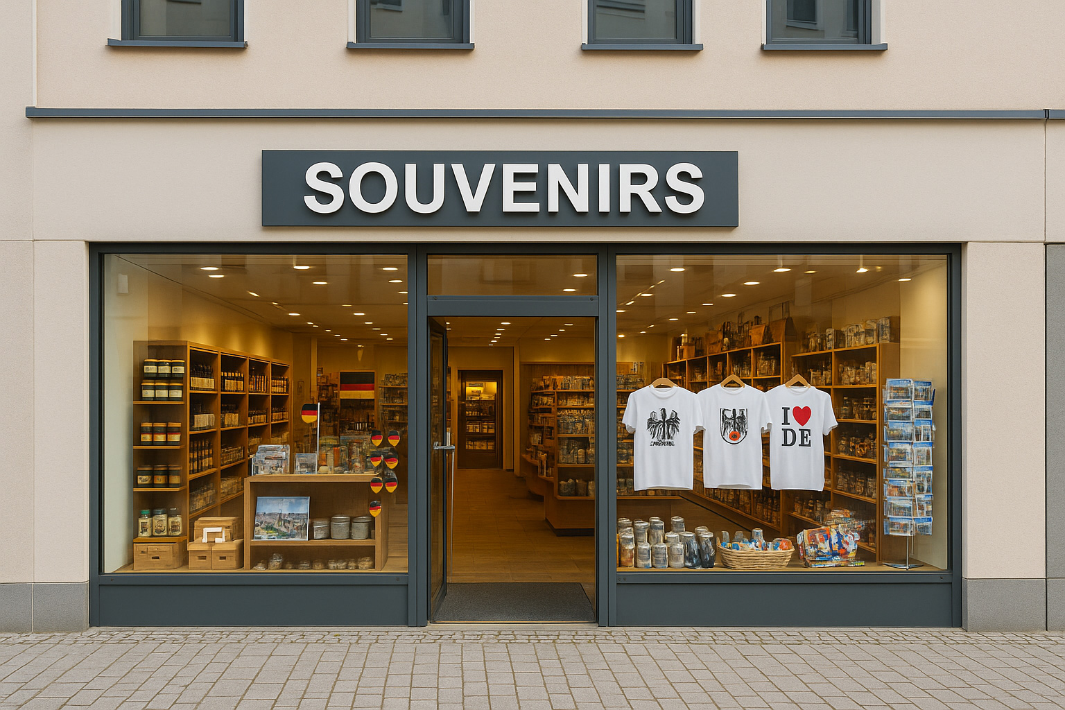 Modernes Souvenirgeschäft in Frankfurt (Oder), Deutschland, in einem Straßenhaus mit Glasfront, heller Innenbeleuchtung sowie Auslagen mit T-Shirts, Postkarten und regionalen Produkten.