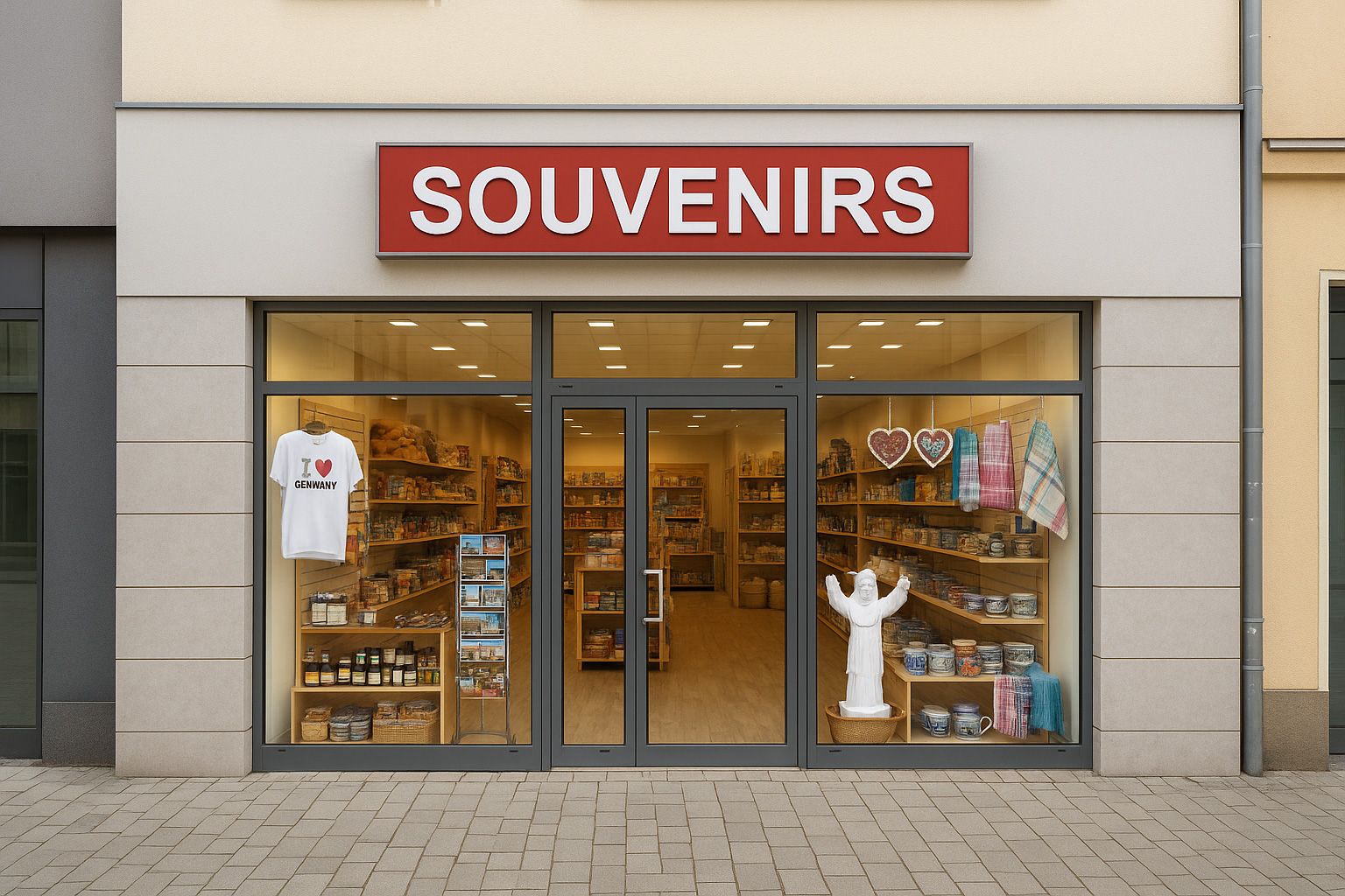 Modernes Souvenirgeschäft in Fürstenwalde, Deutschland, mit Glasfront, heller Innenbeleuchtung sowie Auslagen mit Bierkrügen, Postkarten, T-Shirts und regionalen Produkten.