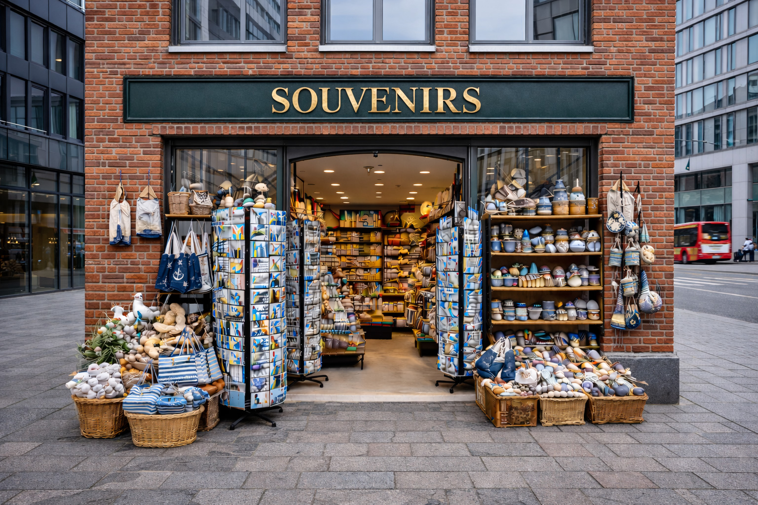 Außenansicht eines Souvenirgeschäfts in Hamburg mit moderner Backsteinarchitektur und großer Glasfront, breitem Eingang an einer weiten städtischen Straße mit modernen Gebäuden im Hintergrund, Auslagen mit norddeutsch-maritimem Sortiment wie Anker- und Leuchtturmdekoration, Tauwerk-Schlüsselanhängern, Holzboot-Miniaturen, Keramikbechern mit Hafenmotiven sowie Taschen und Textilien in navy-weiß