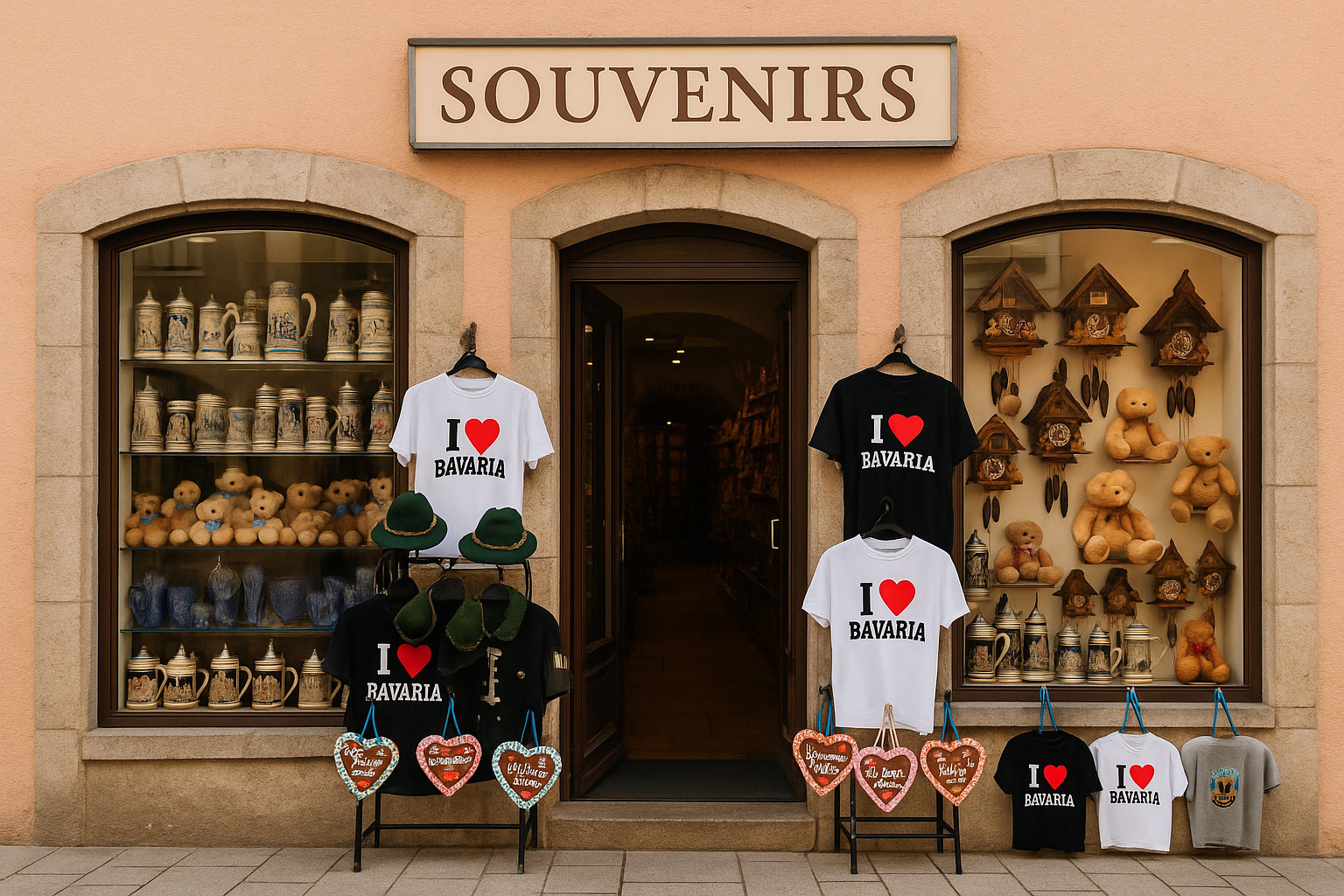 Souvenirgeschäft in der Altstadt von Ingolstadt, Deutschland, mit bayerischen Andenken wie Bierkrügen, Lebkuchenherzen, Trachtenhüten, Kuckucksuhren, Teddybären sowie T-Shirts mit „I ♥ Bavaria“ vor historischem Altstadthaus.