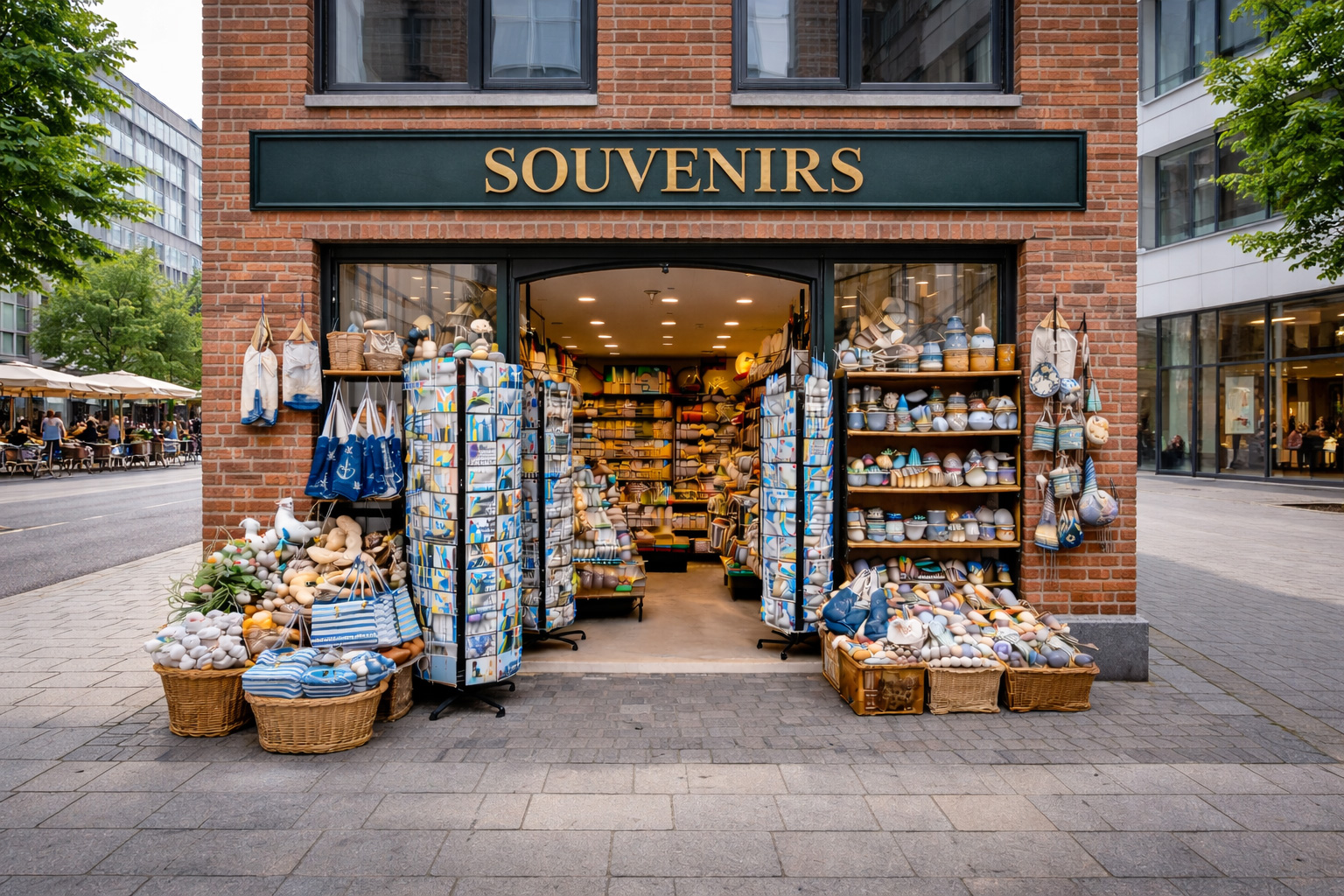 Außenansicht eines Souvenirgeschäfts in Kiel mit moderner Backsteinarchitektur und großen Glasfenstern, breitem offenen Eingang an einer belebten Stadtstraße, Auslagen mit norddeutsch-maritimem Sortiment wie Anker- und Leuchtturmdekoration, Tauwerk-Schlüsselanhängern, Holzboot-Miniaturen, Keramikbechern mit Hafen- und Küstenmotiven, Postkarten sowie Taschen und Textilien in navy-weiß