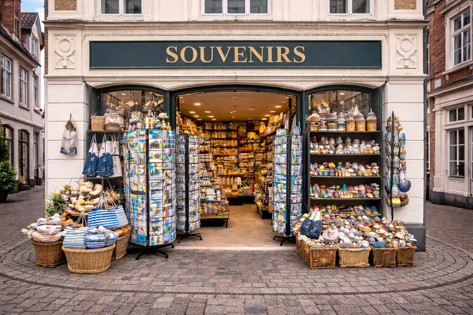 Außenansicht eines Souvenirgeschäfts in der Altstadt von Leer in Biedermeierarchitektur mit heller, schlicht gegliederter Fassade und großen Fenstern, breitem offenen Eingang und Auslagen mit norddeutsch-maritimem Sortiment wie Leuchtturm- und Ankerdekoration, Tauwerk-Schlüsselanhängern, Holzboot-Miniaturen, Keramikbechern mit Küstenmotiven, Postkarten und Textilien in navy-weiß