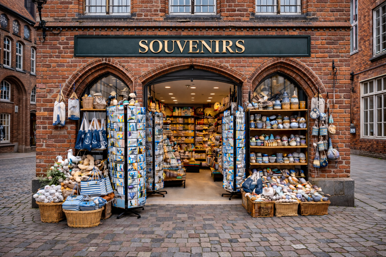 Außenansicht eines Souvenirgeschäfts in der Altstadt von Lübeck mit alter hanseatischer Backsteinarchitektur und bogenförmigen Öffnungen, breitem offenen Eingang und Auslagen mit norddeutsch-maritimem Sortiment wie Anker- und Leuchtturmdekoration, Tauwerk-Schlüsselanhängern, Holzboot-Miniaturen, Keramikbechern mit Küstenmotiven, Postkarten sowie Taschen und Textilien in navy-weiß