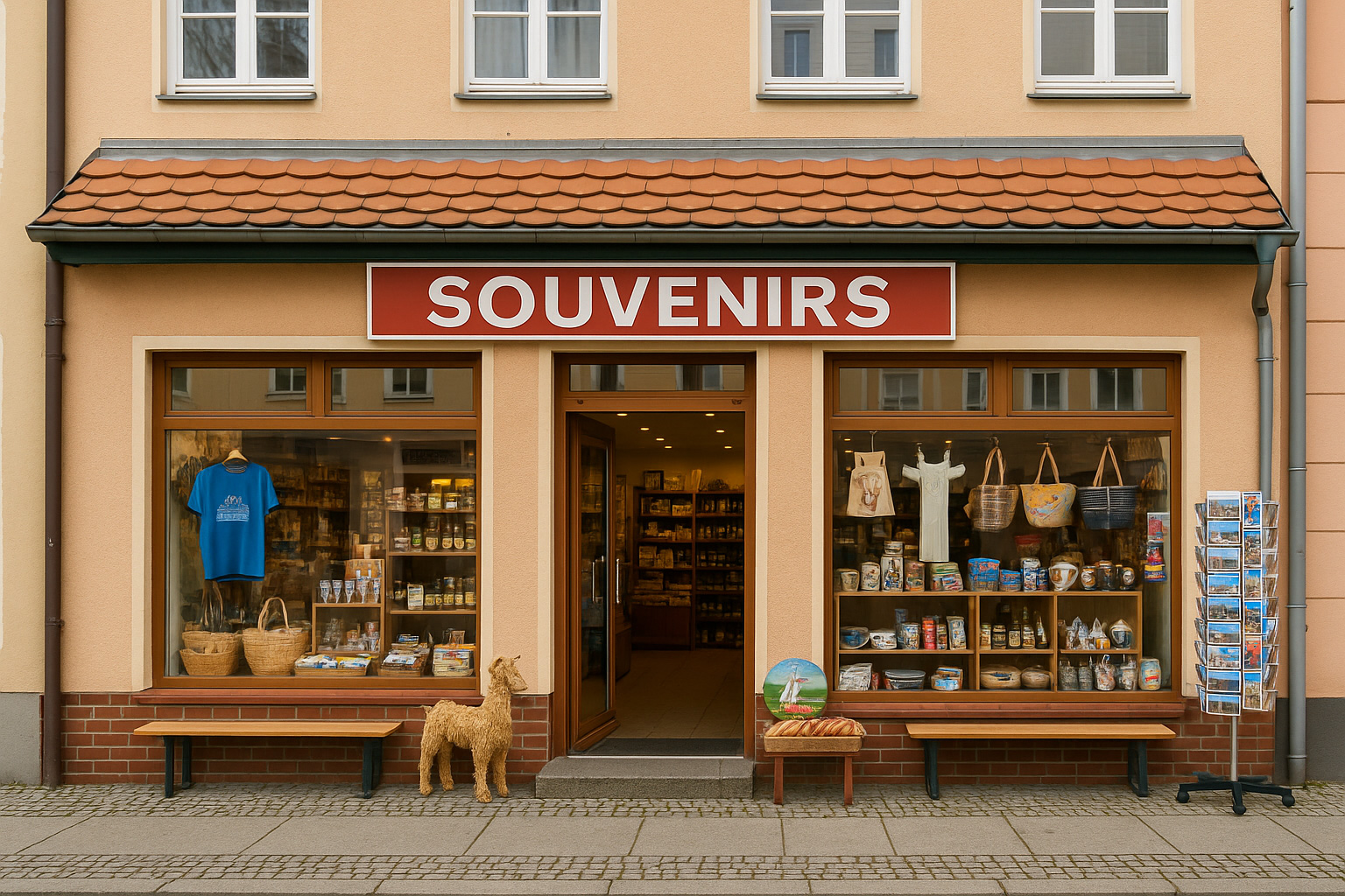 Souvenirgeschäft in der Altstadt von Lübben, Deutschland, mit heller Fassade, großen Schaufenstern, regionalen Produkten, T-Shirts, Postkarten und traditionellen Andenken.