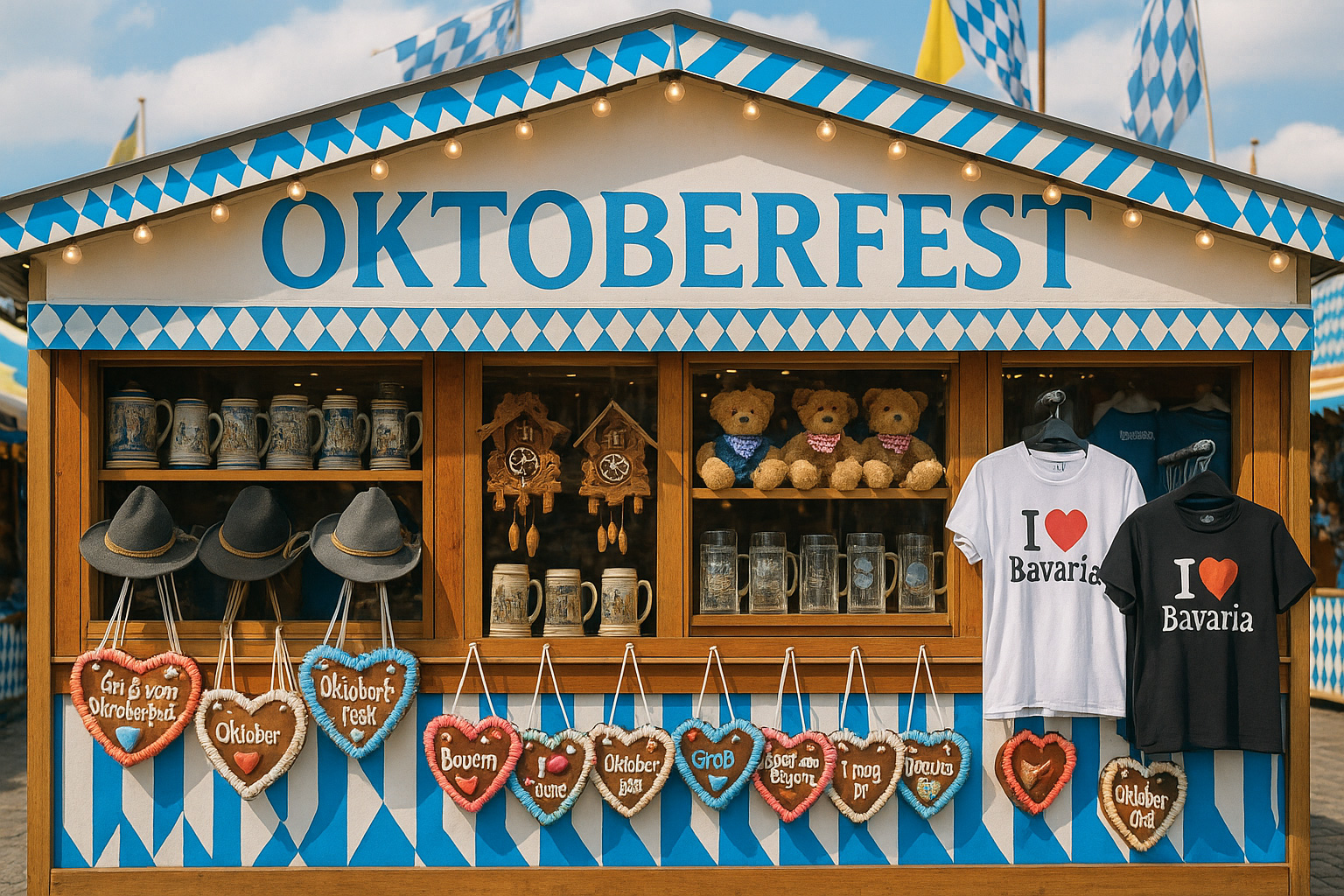 Souvenirbude auf dem Oktoberfest in Deutschland mit bayerischen Andenken wie Bierkrügen, Lebkuchenherzen, Trachtenhüten, Kuckucksuhren, Teddybären sowie T-Shirts mit 