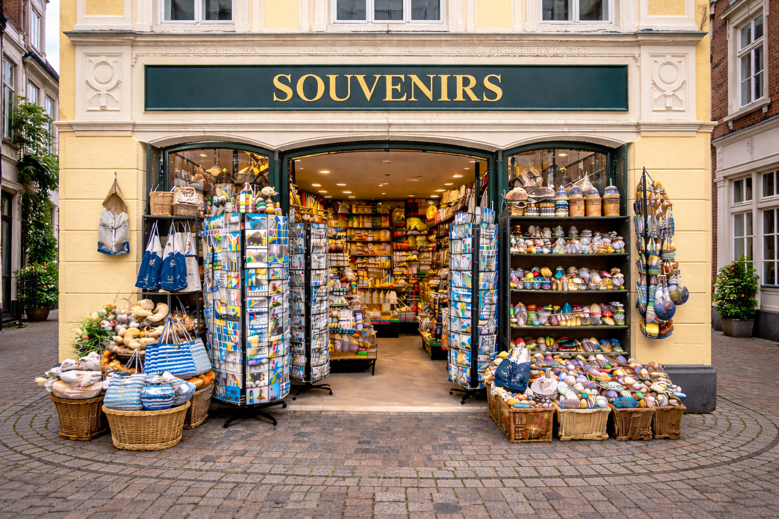 Außenansicht eines Souvenirgeschäfts in der Altstadt von Oldenburg in Biedermeierarchitektur mit hellgelber Putzfassade und großen Fenstern, breitem offenen Eingang und Auslagen mit norddeutsch-maritimem Sortiment wie Leuchtturm- und Ankerdekoration, Tauwerk-Schlüsselanhängern, Holzboot-Miniaturen, Keramikbechern mit Küstenmotiven, Postkarten und Textilien in navy-weiß