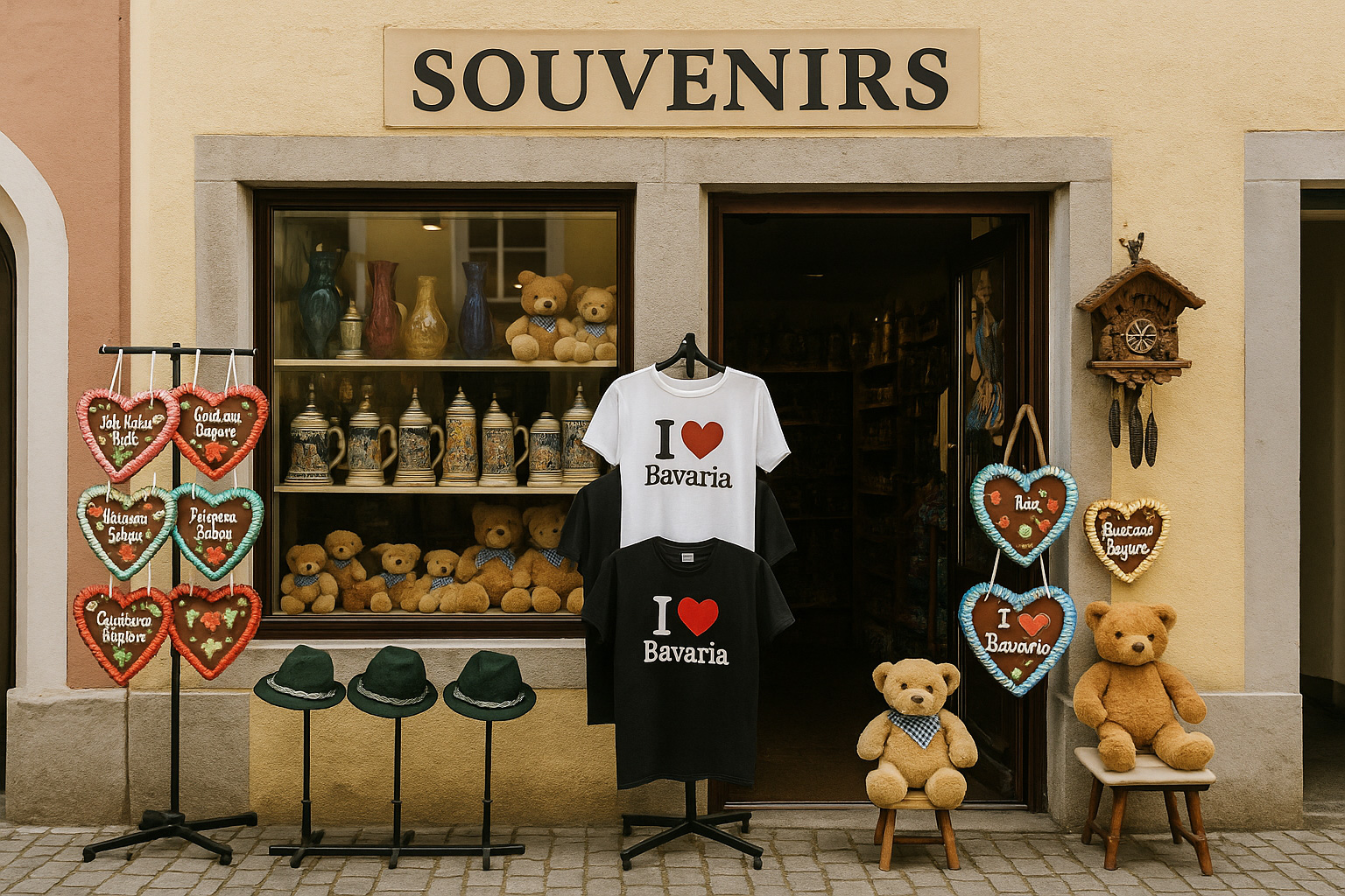 Souvenirgeschäft in der Altstadt von Pfaffenhofen, Deutschland, mit bayerischen Andenken wie Bierkrügen, Lebkuchenherzen, Trachtenhüten, Kuckucksuhren, Teddybären sowie T-Shirts mit „I ♥ Bavaria“ vor historischem Altstadthaus.