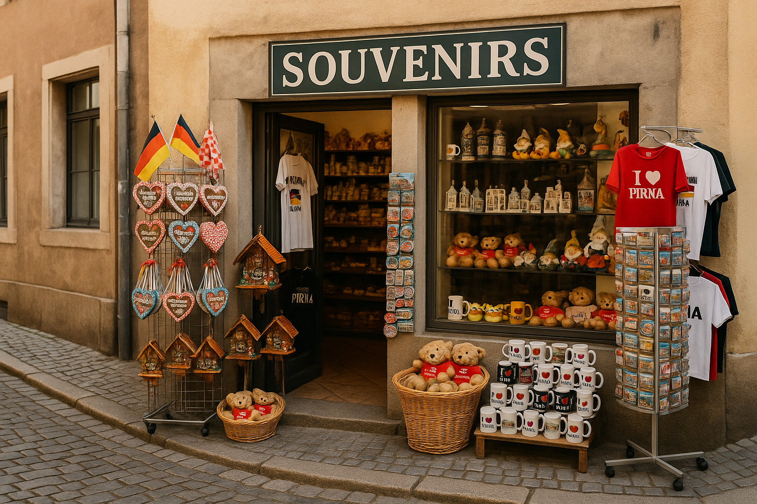 Souvenirgeschäft in der Altstadt von Pirna, Deutschland, mit typisch deutschen Andenken wie Lebkuchenherzen, Tassen, Teddybären, Kuckucksuhren und „I ♥ Pirna“-T-Shirts vor einer historischen Fassade.