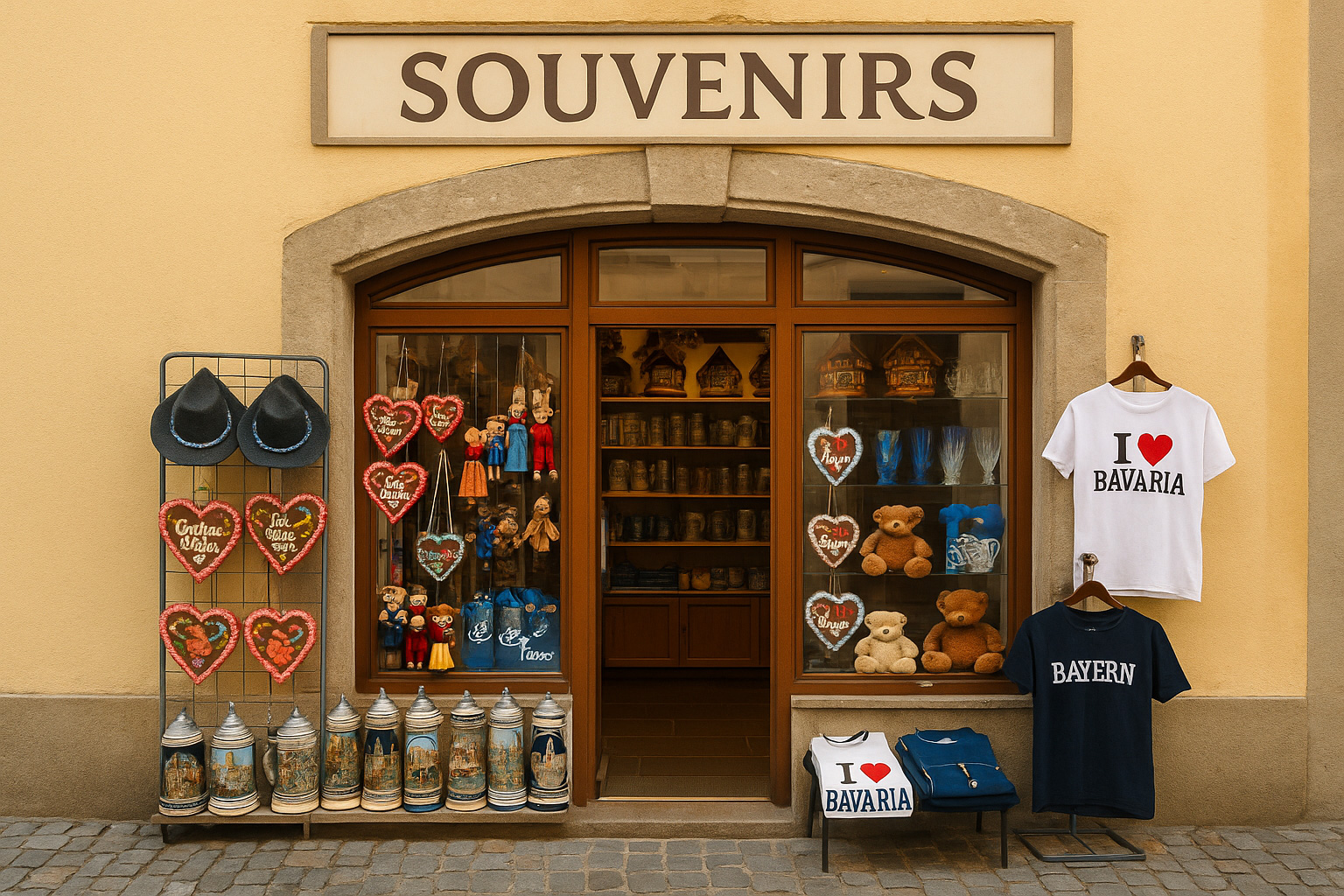 Souvenirgeschäft in der Altstadt von Regensburg, Deutschland, mit bayerischen Andenken wie Bierkrügen, Lebkuchenherzen, Trachtenhüten, Marionetten, Teddybären sowie T-Shirts mit „I ♥ Bavaria“ vor historischem Altstadthaus.