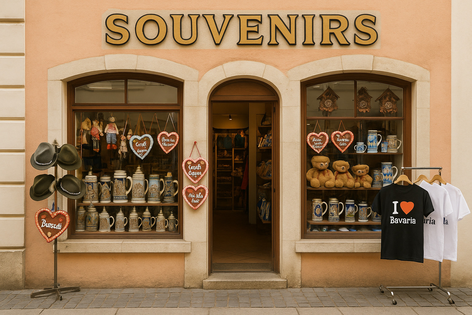 Souvenirgeschäft in der Altstadt von Rosenheim, Deutschland, mit bayerischen Andenken wie Bierkrügen, Lebkuchenherzen, Trachtenhüten, Kuckucksuhren, Teddybären sowie T-Shirts mit „I ♥ Bavaria“ vor historischem Altstadthaus.