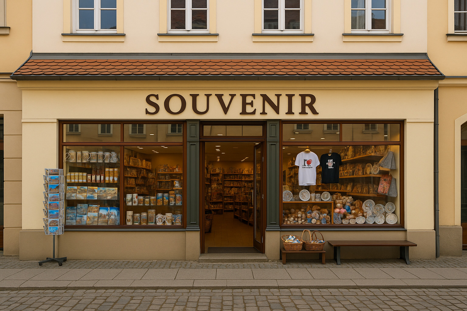 Souvenirgeschäft in der Altstadt von Senftenberg, Deutschland, mit heller Fassade, großen Schaufenstern, Postkartenständer, Bierkrügen, T-Shirts und regionalen Andenken.