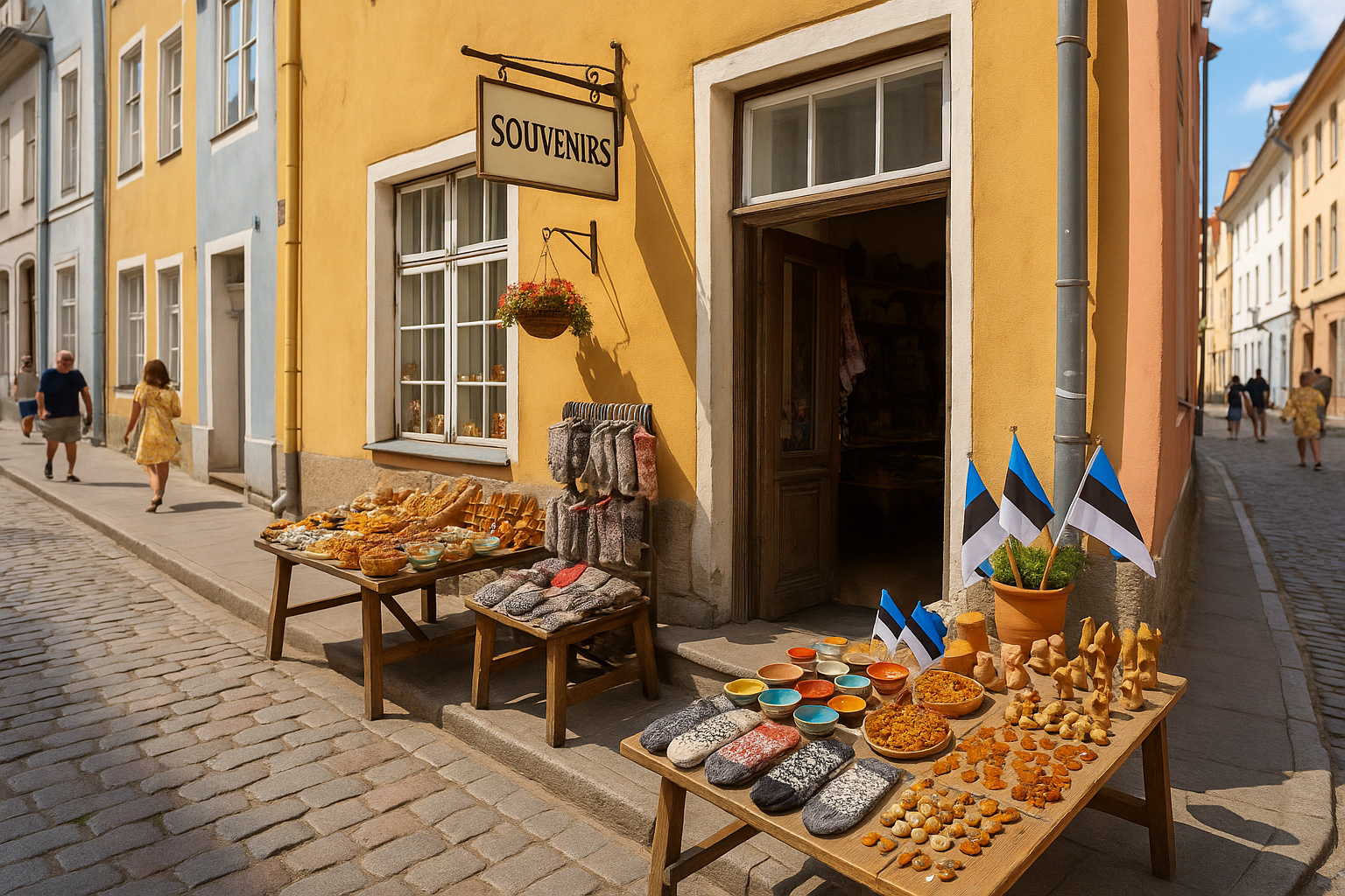 Außenansicht eines estnischen Souvenirladens in einer Altstadtstraße mit Wollhandschuhen, Bernstein, Keramik und Holzschnitzereien.