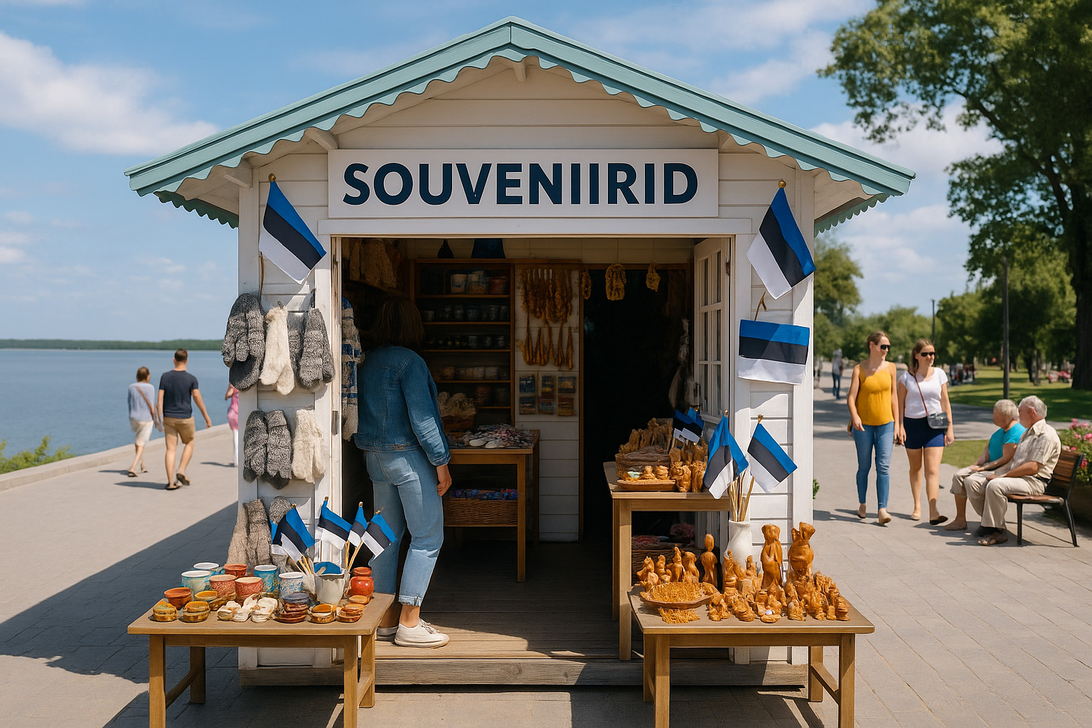 Pavillon-Souvenirladen an einer Uferpromenade in Estland mit Wollhandschuhen, Bernstein-Schmuck, Keramik, Holzarbeiten und Spaziergängern.
