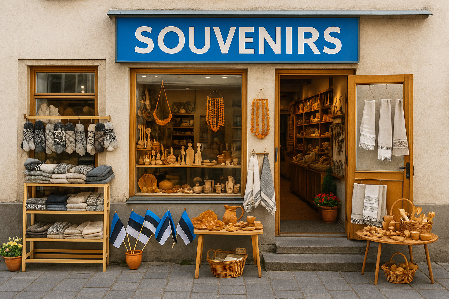 Außenansicht eines estnischen Souvenirladens in einer Altstadtstraße mit Wollhandschuhen, Bernstein, Keramik und Holzschnitzereien.