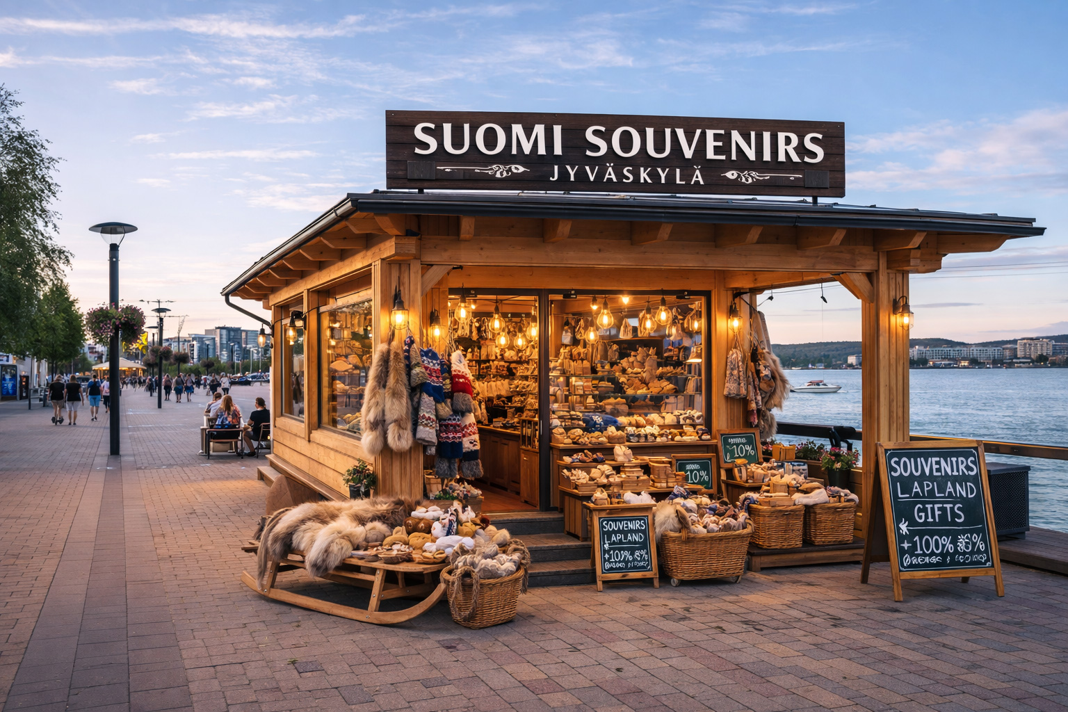 Außenansicht eines Souvenirgeschäfts in Jyväskylä als Holzpavillon an der Seepromenade mit Blick auf den See, großem Holzschild SUOMI SOUVENIRS JYVÄSKYLÄSTÄ, warm beleuchtetem Innenraum, Auslage mit gestrickten Mützen, Holzbechern, nordischen Handwerksartikeln und dekorativen Fellen sowie Spaziergängern entlang der Uferpromenade