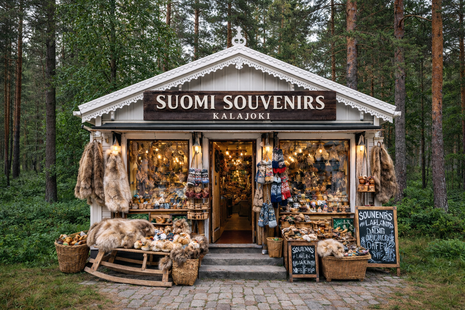 Außenansicht eines kleinen freistehenden Souvenirgeschäfts in Kalajoki als weißes Holzhaus mit feinen Verzierungen, umgeben von dichtem Nadelwald, großem Holzschild SUOMI SOUVENIRS KALAJOKISTA, warm beleuchteten Fenstern sowie Auslage mit Rentierfellen, gestrickten Mützen, Holzbechern und nordischen Handwerksartikeln vor dem Eingang