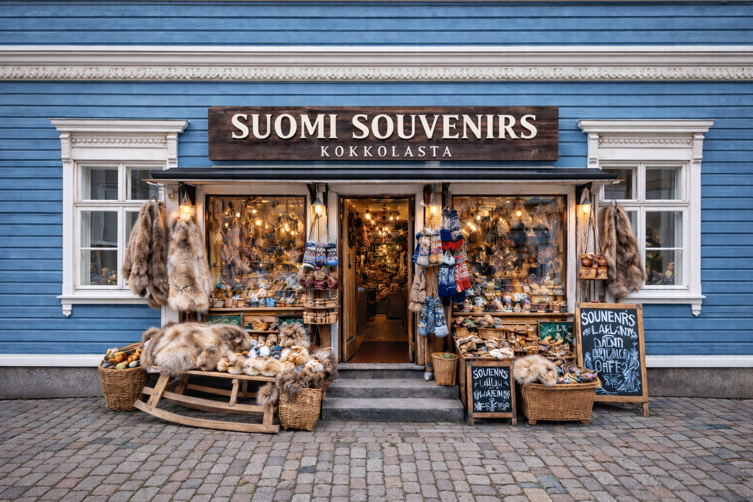 Außenansicht eines Souvenirgeschäfts in Kokkola mit blauer Holzfassade und weißen Fensterrahmen, großem Holzschild SUOMI SOUVENIRS KOKKOLASTA, städtischem Kopfsteinpflaster vor dem Eingang, warm beleuchteten Schaufenstern sowie Auslage mit Rentierfellen, gestrickten Mützen, Holzbechern und nordischen Handwerksartikeln