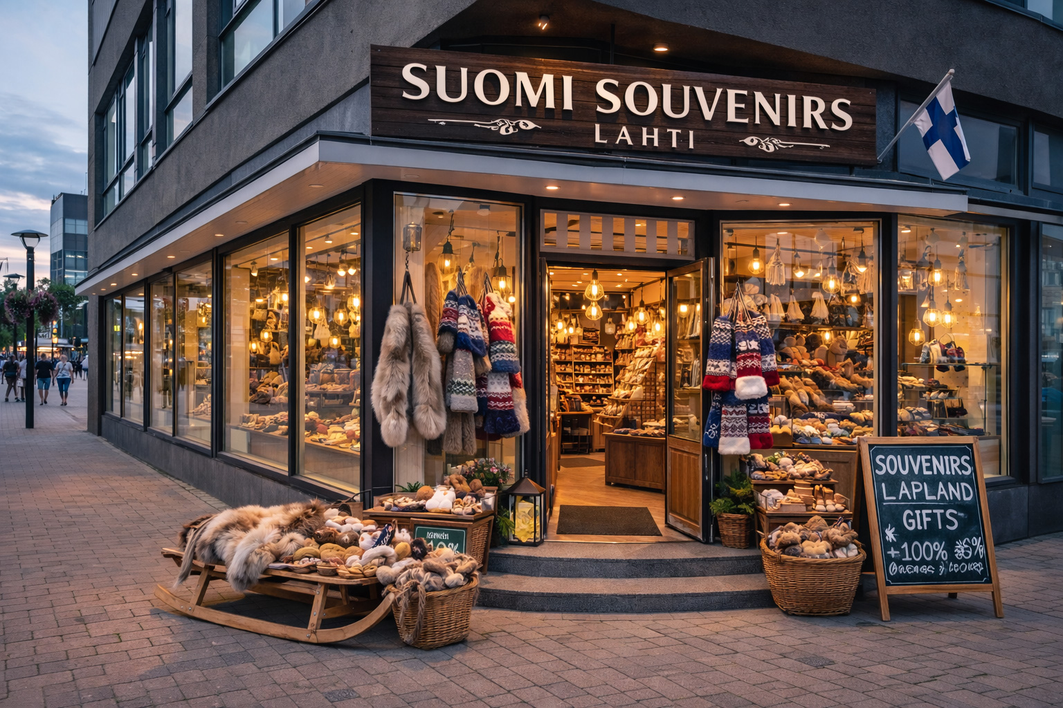 Außenansicht eines modernen Souvenirgeschäfts in Lahti mit großen bodentiefen Schaufenstern, städtischem Gehweg vor dem Eingang, großem Holzschild SUOMI SOUVENIRS LAHDESTA, warm beleuchtetem Innenraum sowie Auslage mit gestrickten Mützen, Holzbechern, nordischen Handwerksartikeln und dekorativen Fellen