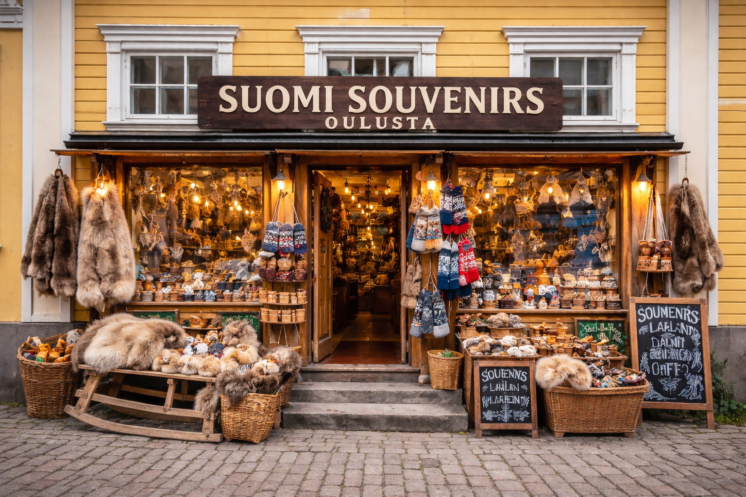 Außenansicht eines Souvenirgeschäfts in Oulu mit gelb-brauner neoklassischer Fassade und weißen Fensterrahmen, großem Holzschild SUOMI SOUVENIRS OULUSTA, warm beleuchteten Schaufenstern sowie Auslage mit Rentierfellen, gestrickten Mützen, Holzbechern und Lappland-Mitbringseln vor dem Eingang