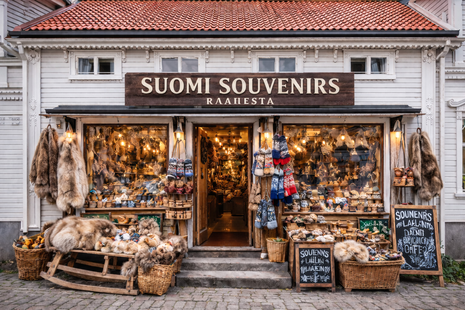 Außenansicht eines Souvenirgeschäfts in Raahe mit weißer Holzfassade, kleinen Verzierungen und rotem Ziegeldach, großem Holzschild SUOMI SOUVENIRS RAAHESTA, warm beleuchteten Schaufenstern sowie Auslage mit Rentierfellen, gestrickten Mützen, Holzbechern und nordischen Handwerksartikeln vor dem Eingang