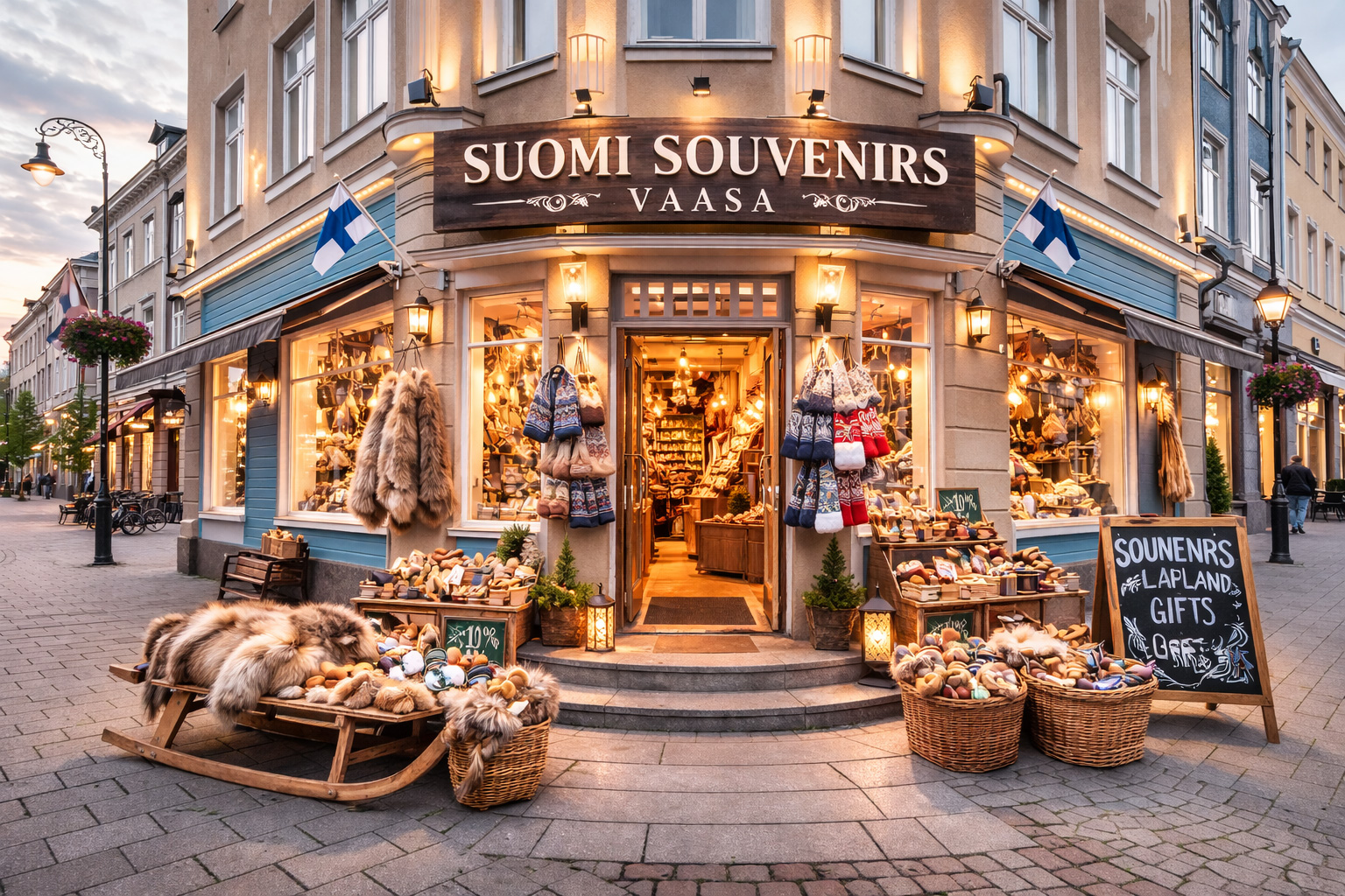 Außenansicht eines Souvenirgeschäfts in Vaasa als Eckgeschäft in einem hellbraunen Art-Deco-Gebäude mit geometrischen Fassadendetails, großem Holzschild SUOMI SOUVENIRS VAASTA, breiten Schaufenstern um die Ecke, städtischem Kopfsteinpflaster sowie Auslage mit gestrickten Mützen, Holzbechern, Rentierfellen und nordischen Handwerksartikeln vor dem Eingang