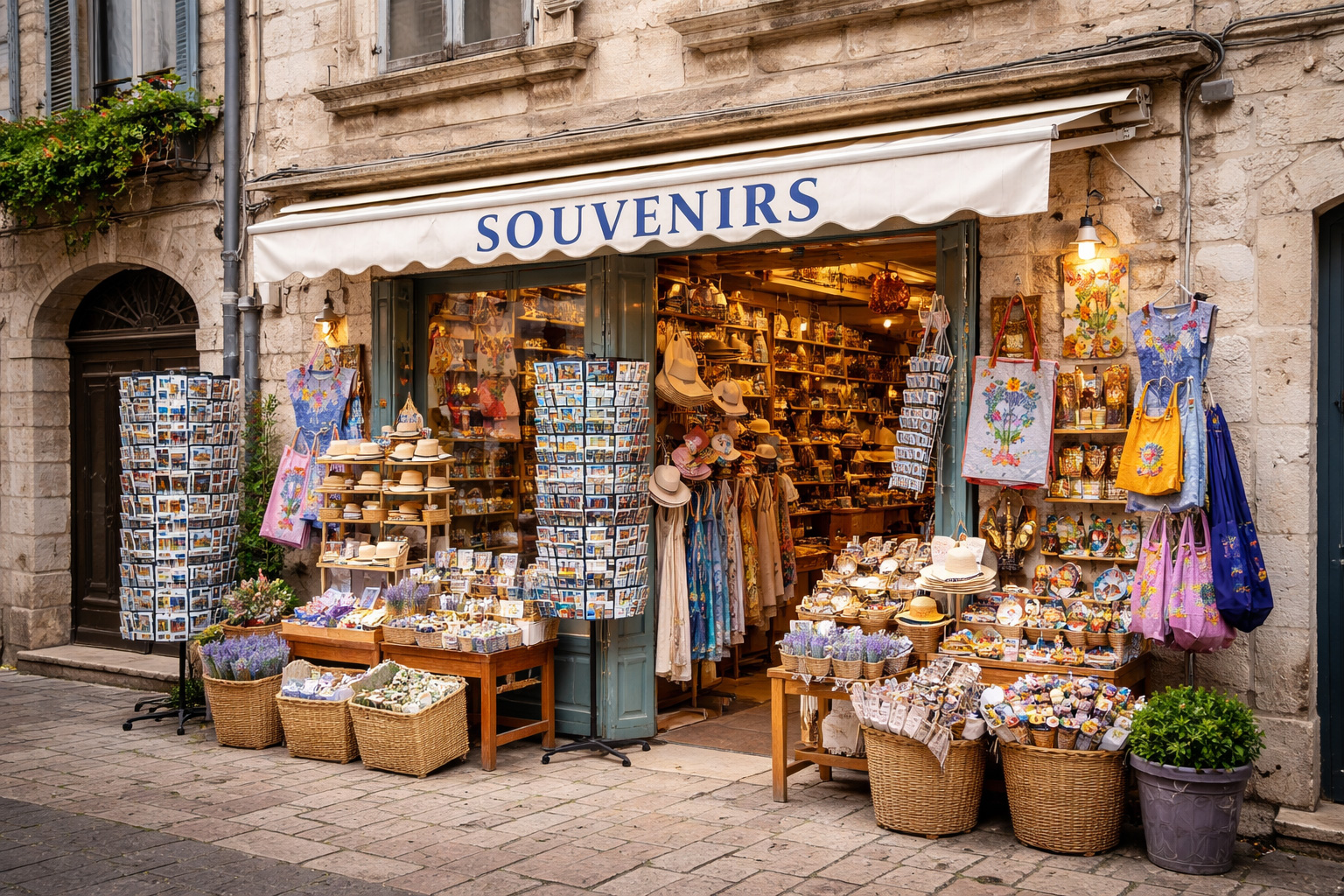 Außenansicht eines Souvenirgeschäfts in der Altstadt von Avignon in einem Renaissance-Steinbau mit grober Kalksteinfassade, breiter Markise und dicht bestücktem Eingang mit Postkartenständern, Lavendelsträußen, Keramik, Taschen und kleinen französischen Andenken.