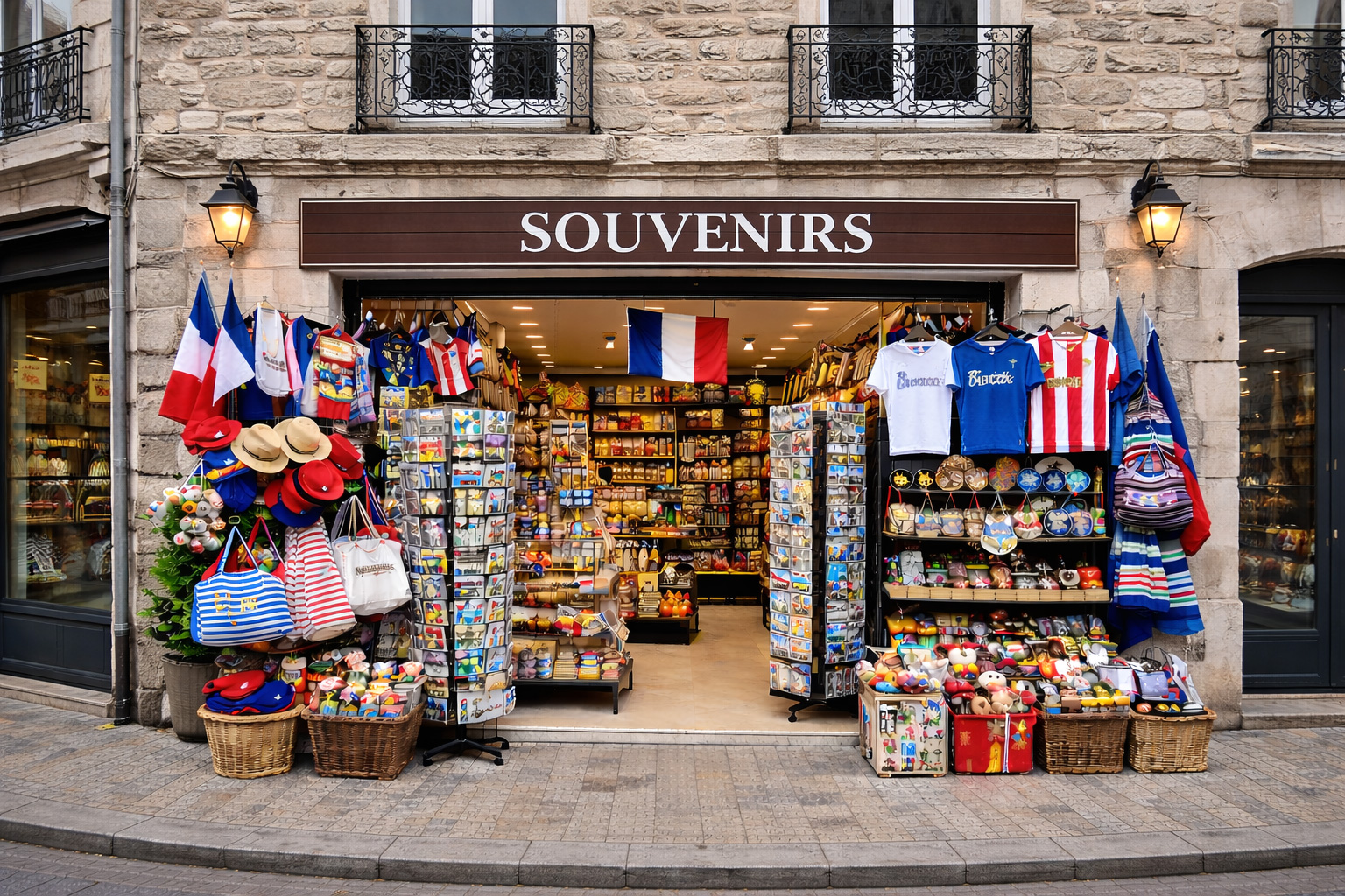 Außenansicht eines Souvenirgeschäfts in der Altstadt von Avranches mit grauer, grob gemauerter Kalksteinfassade und dunklen Schaufensterrahmen, breitem offenen Eingang und reich bestückten Auslagen mit typischen Frankreich-Souvenirs wie Postkarten, gestreiften Taschen, Baskenmützen, Keramik, Magneten, Textilien und kleinen Flaggen