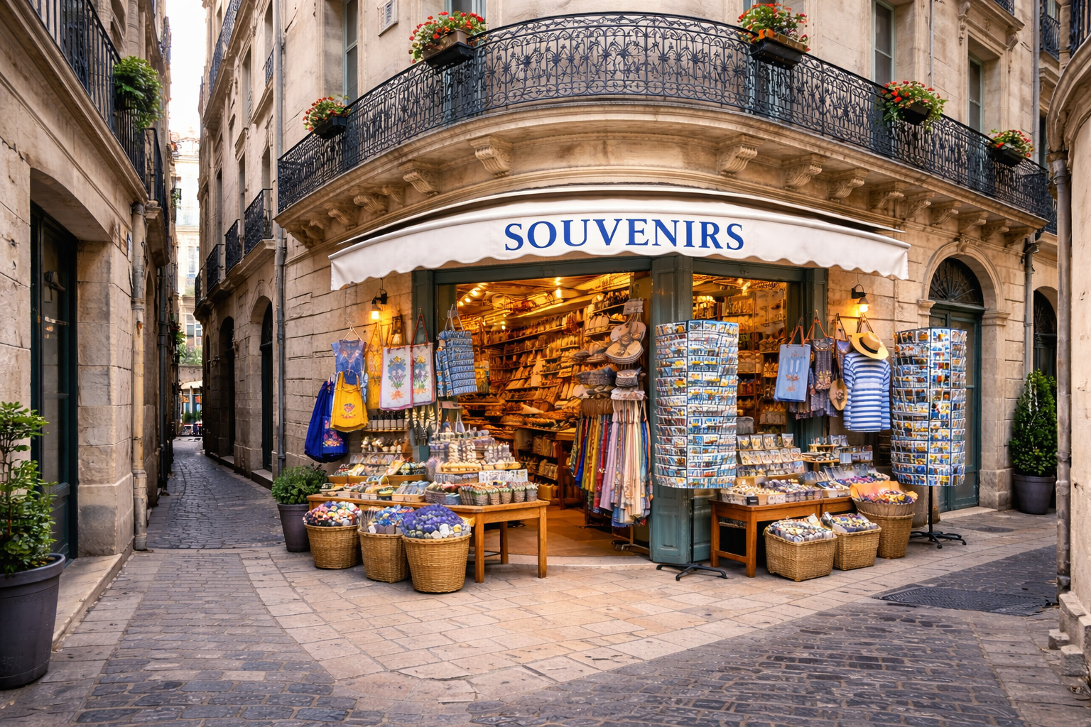 Außenansicht eines Souvenirgeschäfts in der Altstadt von Béziers in einem neoklassischen Eckhaus aus hellem Stein mit schmiedeeisernen Balkonen, der Eingang liegt an einer schmalen Gasse links; unter einer großen Markise stehen Postkartenständer, Körbe mit Lavendelprodukten, Seifen, Keramik und weitere französische Andenken.