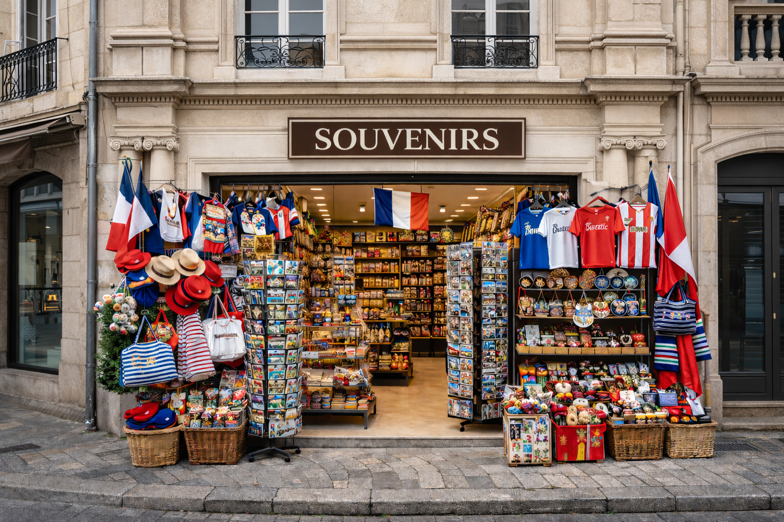 Außenansicht eines Souvenirgeschäfts in der Altstadt von Bordeaux in neoklassischer französischer Architektur mit heller Kalksteinfassade, Pilastern und profilierten Gesimsen, breitem Eingang und Auslagen mit typischen Frankreich-Souvenirs wie Postkartenständern, Baskenmützen, gestreiften Taschen, Keramik, Magneten und kleinen Flaggen