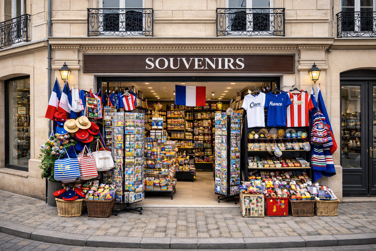 Außenansicht eines Souvenirgeschäfts in Caen in neoklassischer französischer Architektur mit heller Natursteinfassade, dekorativen Gesimsen und schmiedeeisernen Balkonen, breitem offenen Eingang und Auslagen mit typischen Frankreich-Souvenirs wie Postkartenständern, Baskenmützen, gestreiften Taschen, Keramik, Magneten, Miniaturen und kleinen Flaggen